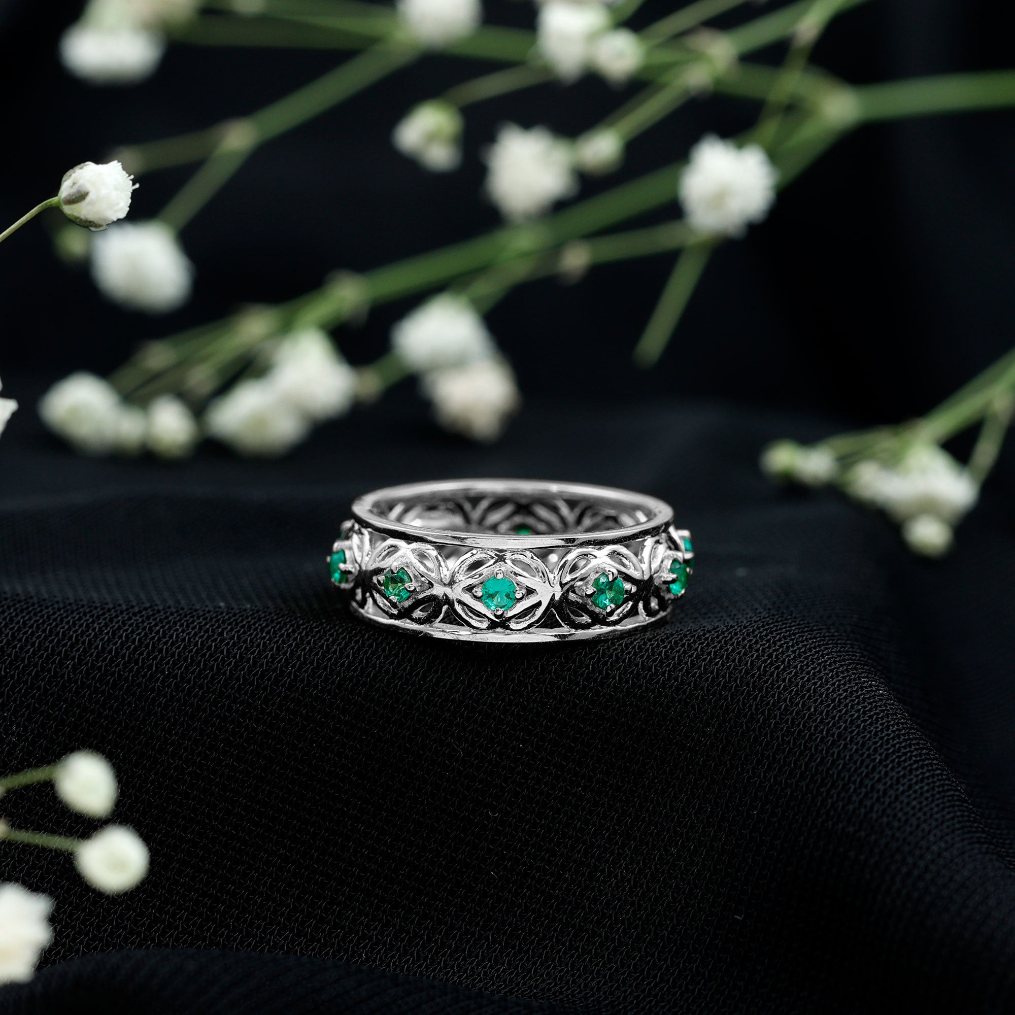 Rosec Jewels-Vintage Looking Lab Grown Emerald Wedding Band for Women