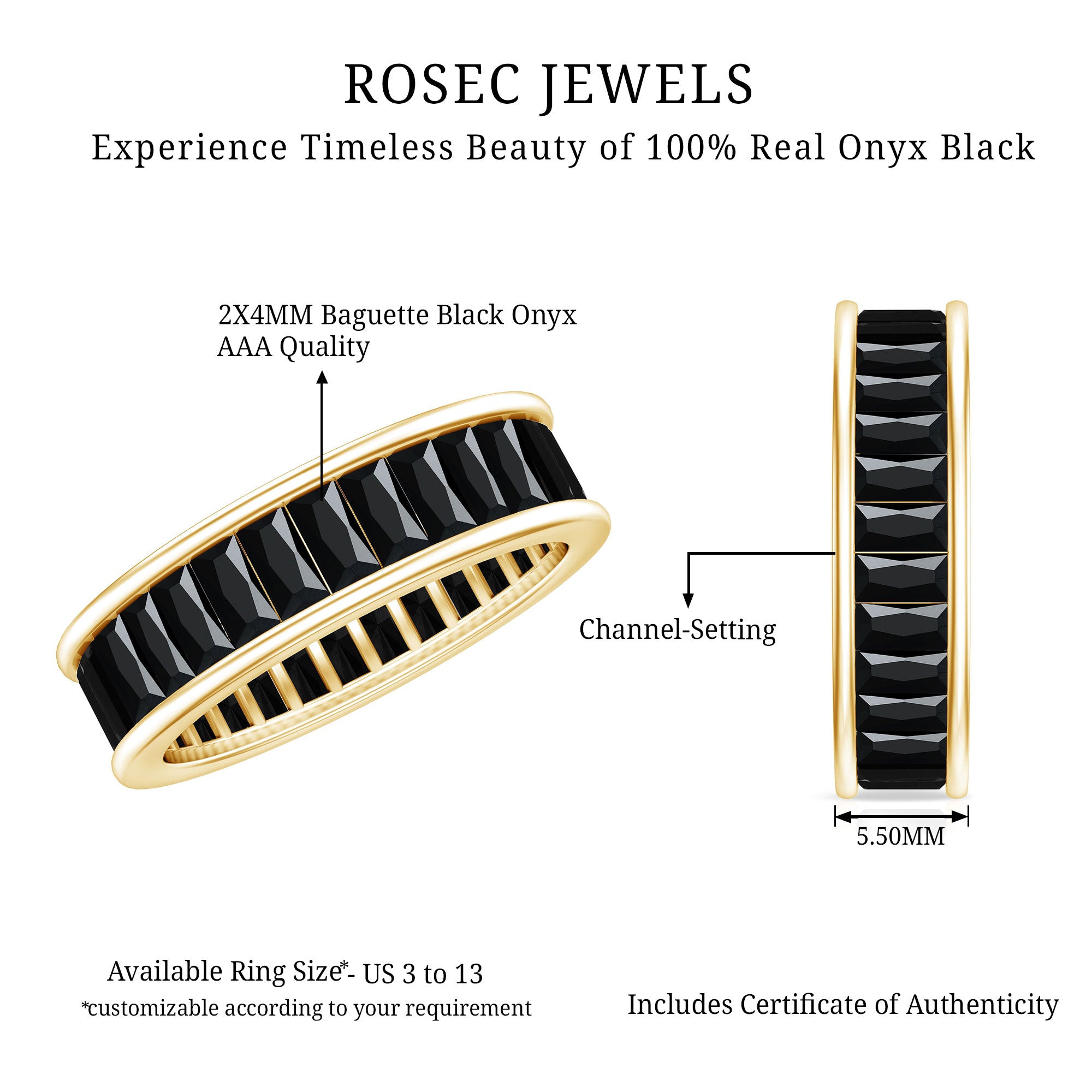 Baguette Cut Black Onyx Wedding Band in Channel Setting AAA - Rosec Jewels