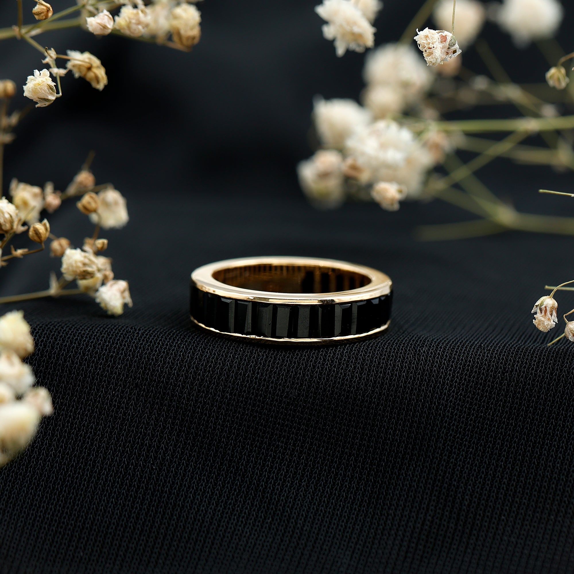 Baguette Cut Black Onyx Wedding Band in Channel Setting AAA - Rosec Jewels