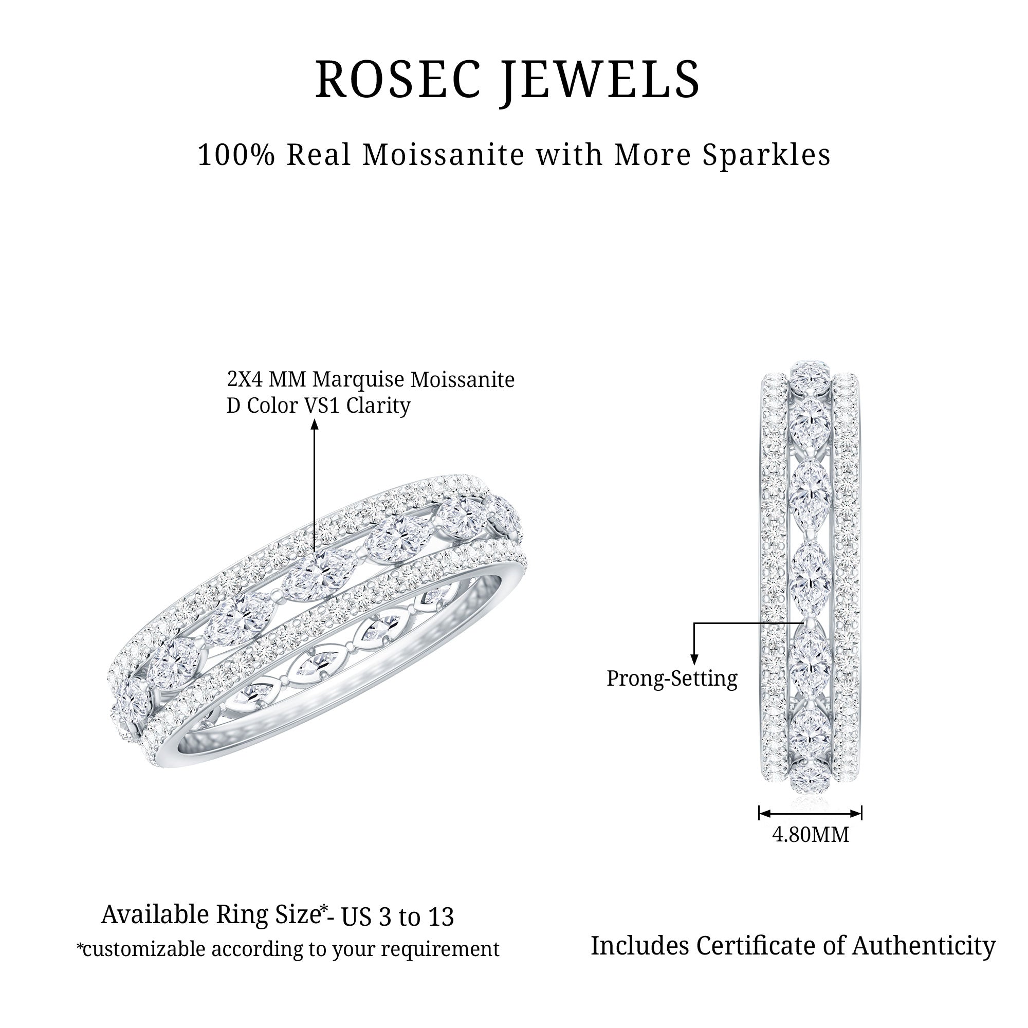 Marquise and Round Shape Moissanite Designer Wedding Band Ring D-VS1 - Rosec Jewels