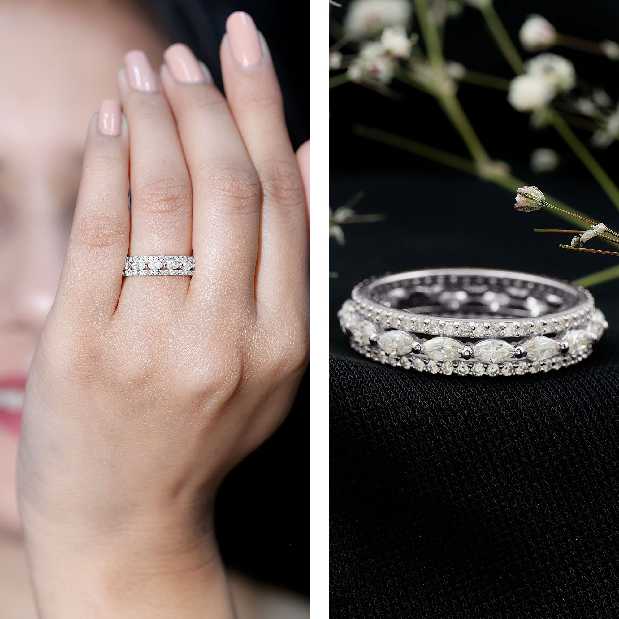 Marquise and Round Shape Moissanite Designer Wedding Band Ring D-VS1 - Rosec Jewels