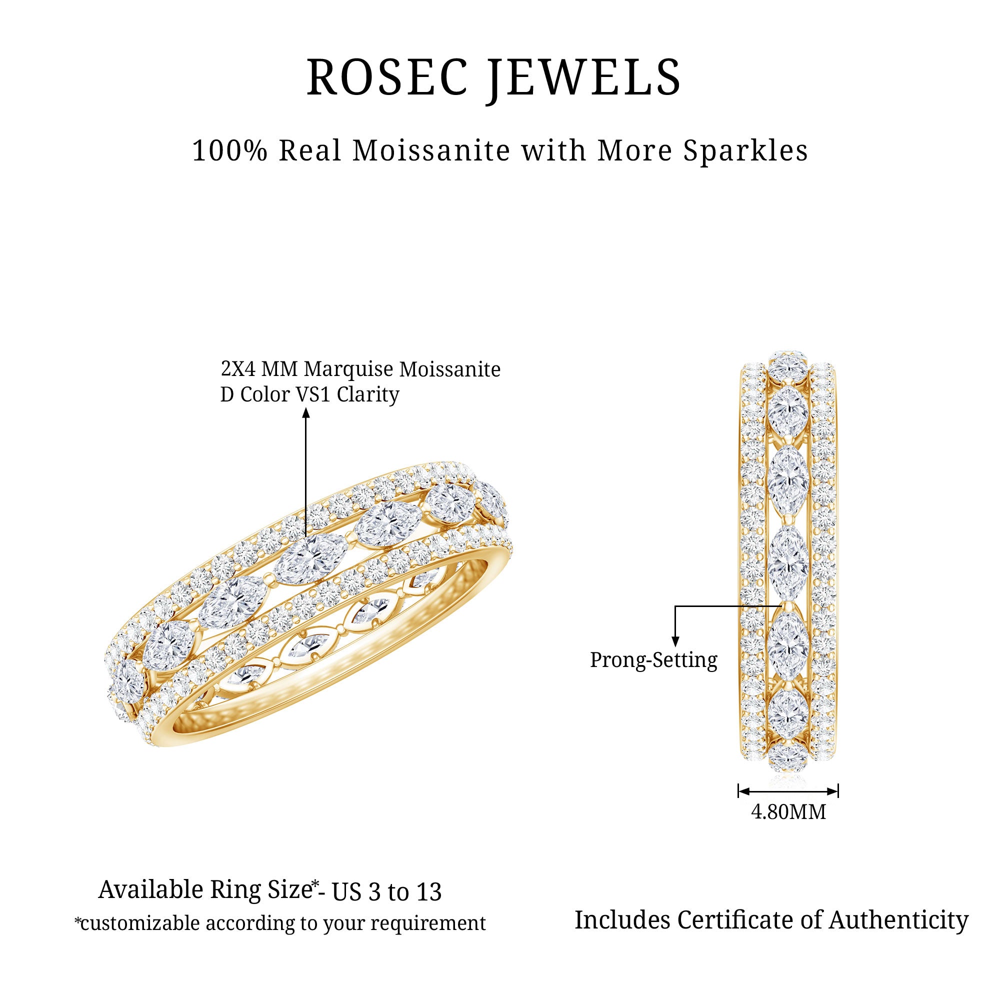 Marquise and Round Shape Moissanite Designer Wedding Band Ring D-VS1 - Rosec Jewels