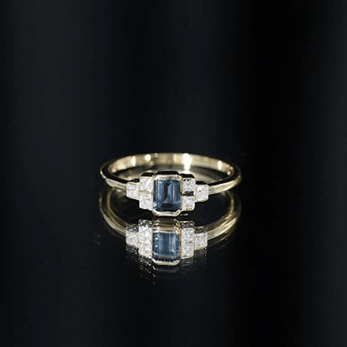 4X6mm Emerald Cut London Blue Topaz Statement Ring with Diamond AAA - Rosec Jewels