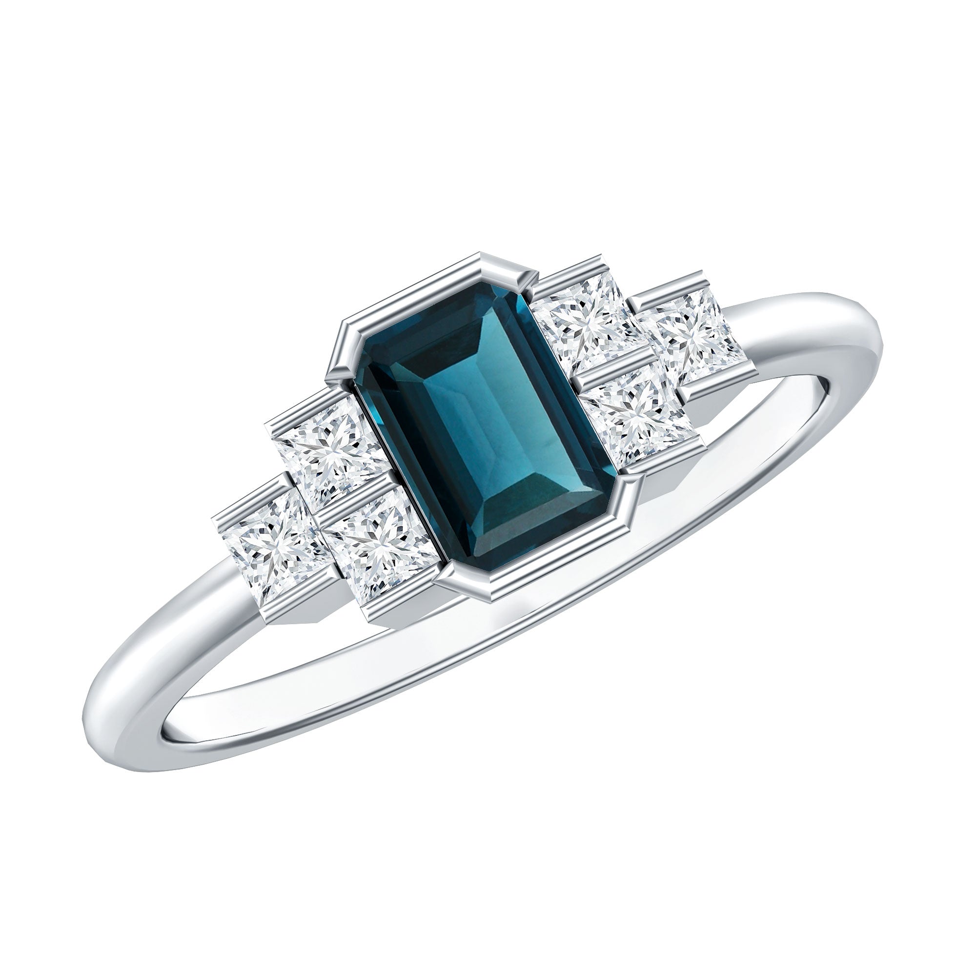 4X6mm Emerald Cut London Blue Topaz Statement Ring with Diamond AAA - Rosec Jewels