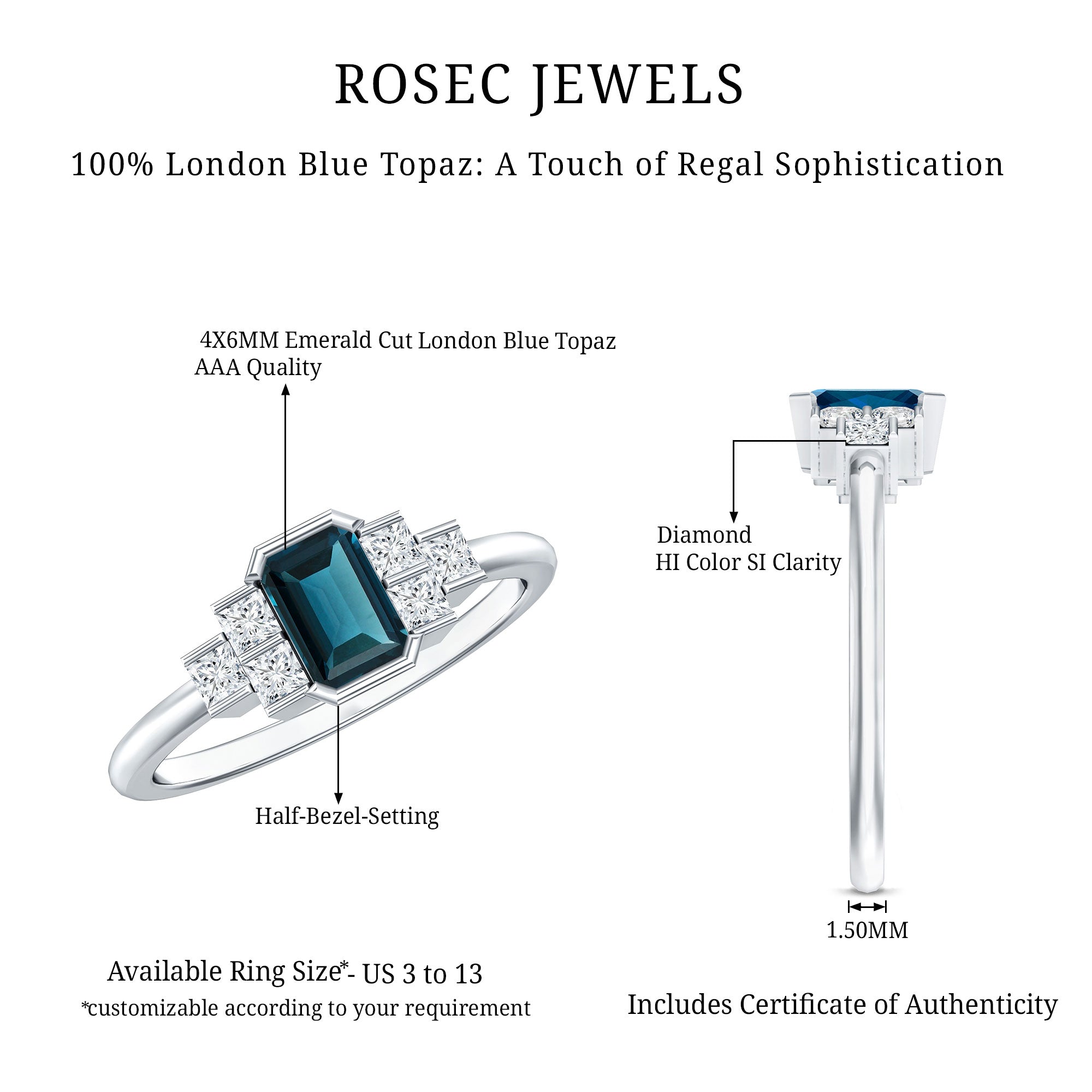 4X6mm Emerald Cut London Blue Topaz Statement Ring with Diamond AAA - Rosec Jewels