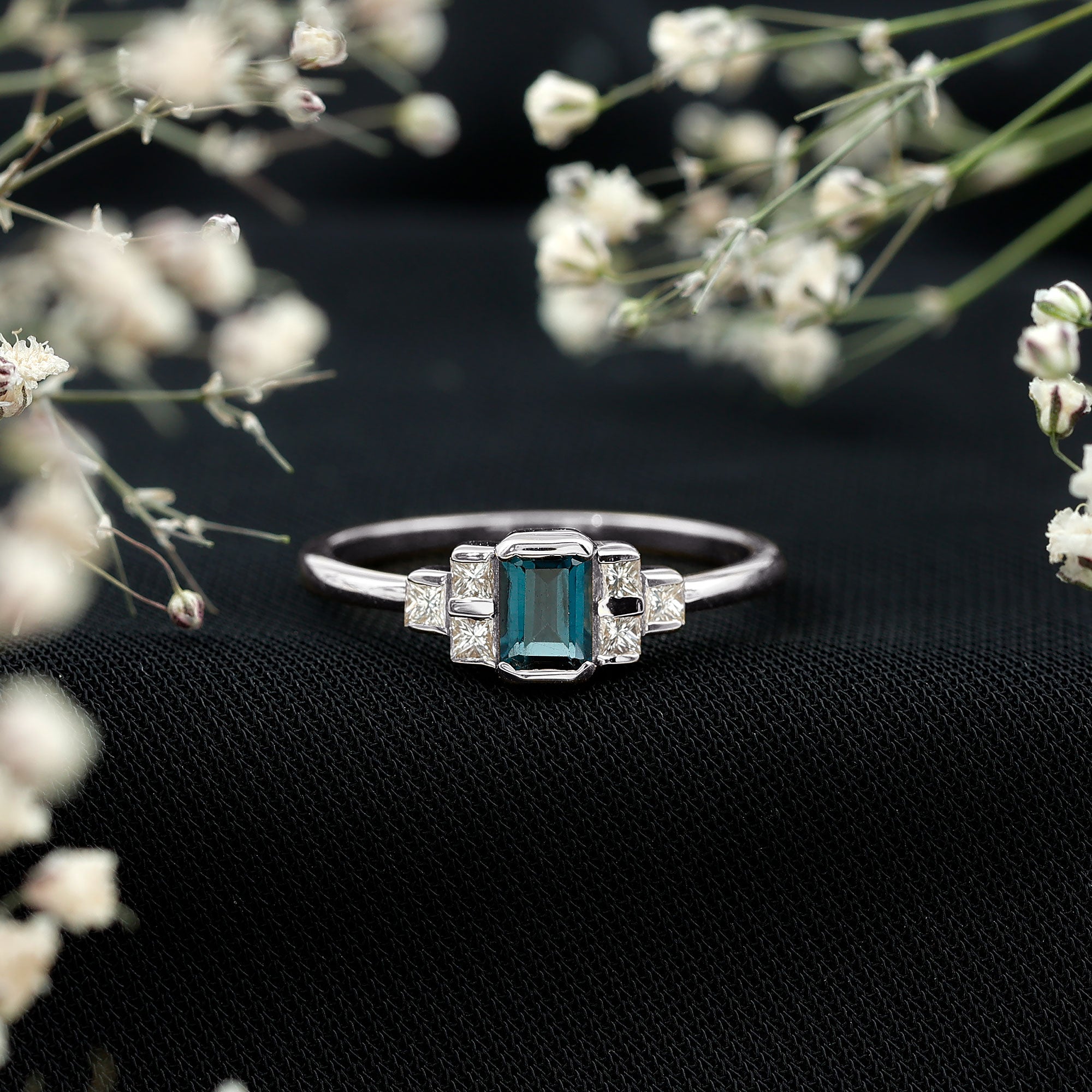 4X6mm Emerald Cut London Blue Topaz Statement Ring with Diamond AAA - Rosec Jewels