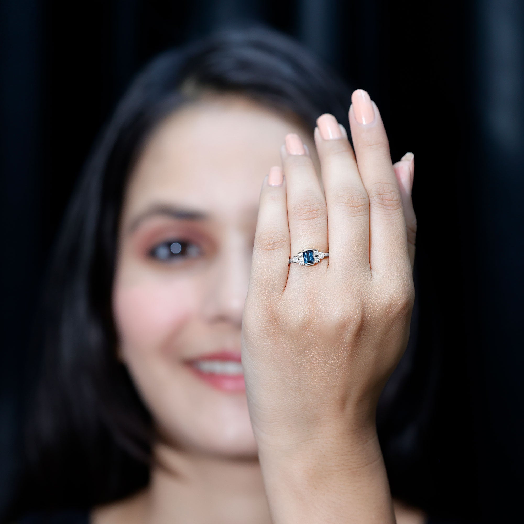 4X6mm Emerald Cut London Blue Topaz Statement Ring with Diamond AAA - Rosec Jewels