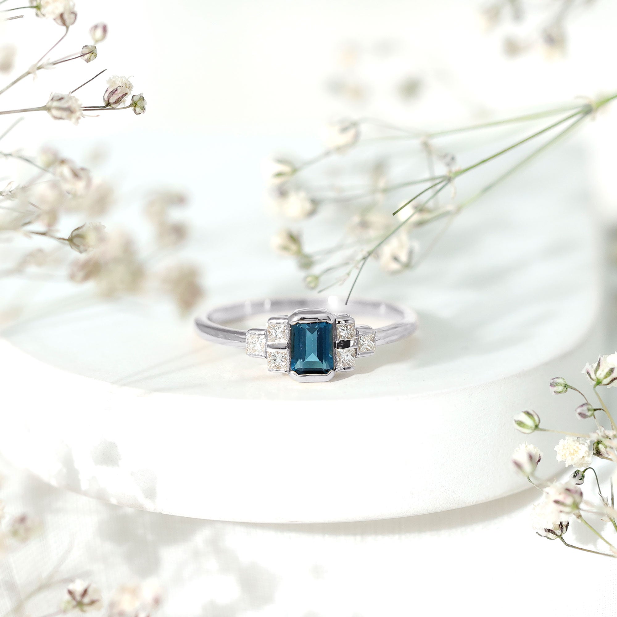 4X6mm Emerald Cut London Blue Topaz Statement Ring with Diamond AAA - Rosec Jewels