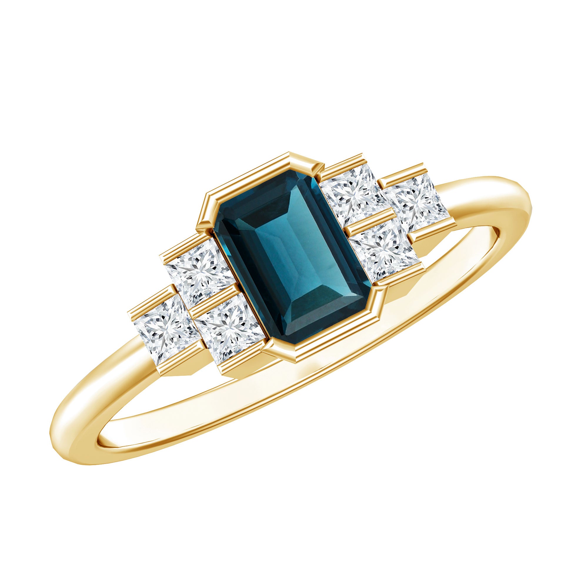 4X6mm Emerald Cut London Blue Topaz Statement Ring with Diamond AAA - Rosec Jewels