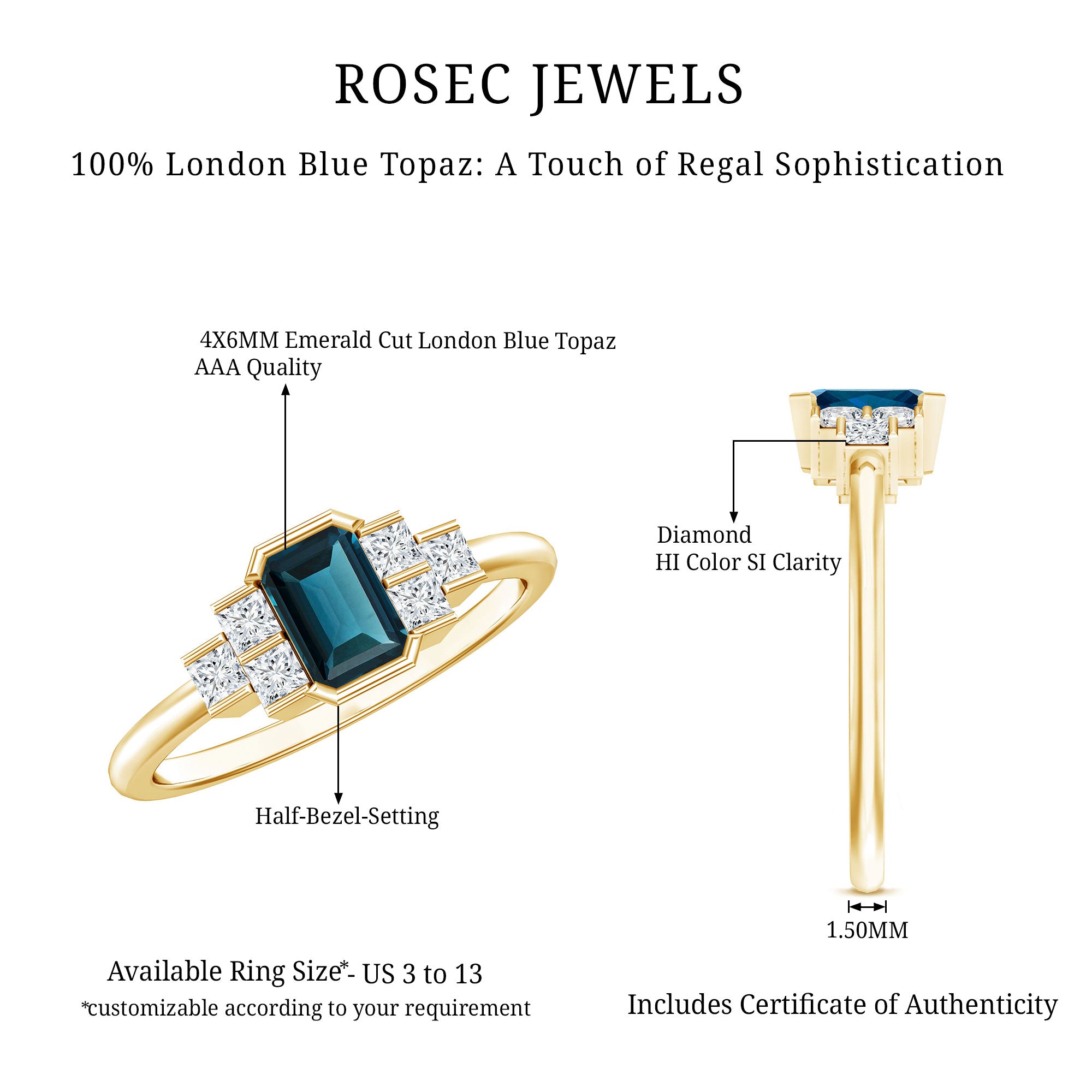 4X6mm Emerald Cut London Blue Topaz Statement Ring with Diamond AAA - Rosec Jewels