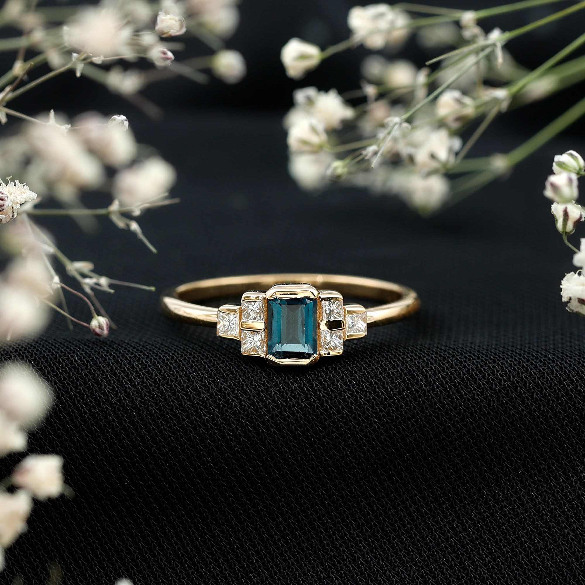 4X6mm Emerald Cut London Blue Topaz Statement Ring with Diamond AAA - Rosec Jewels