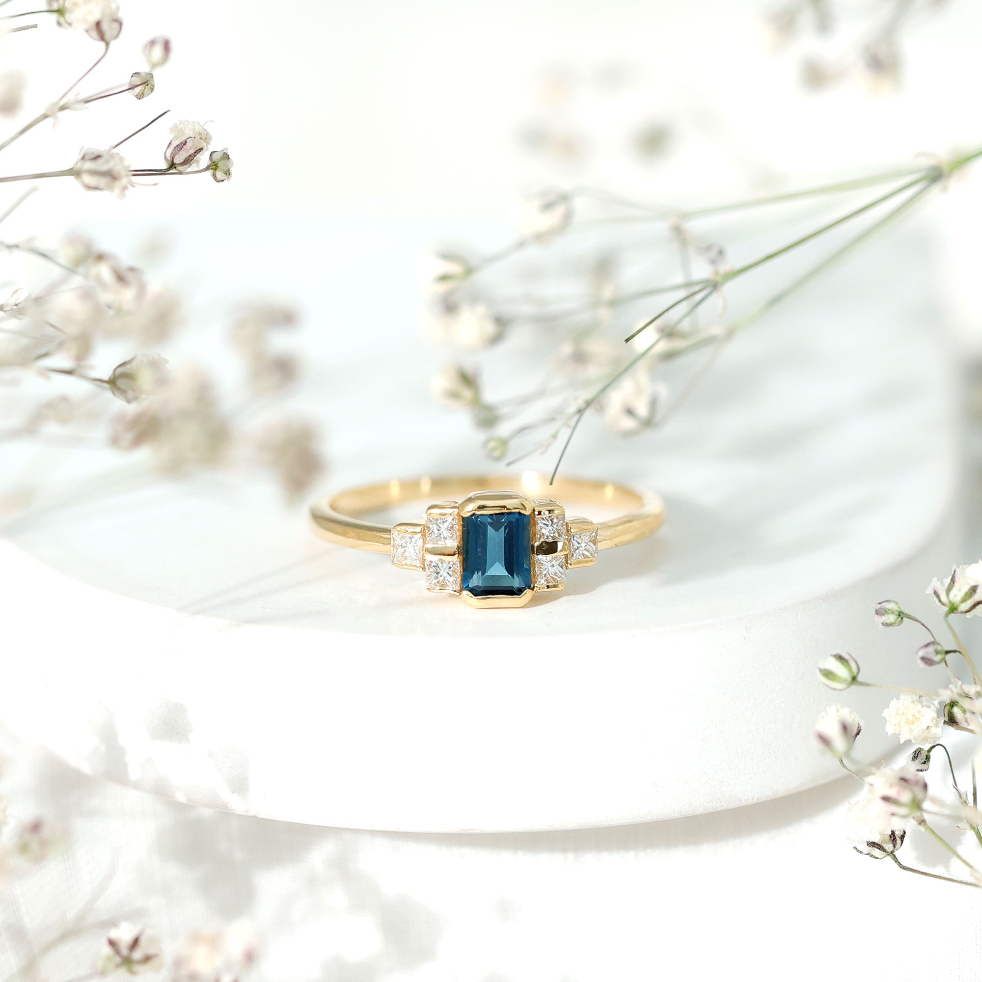 4X6mm Emerald Cut London Blue Topaz Statement Ring with Diamond AAA - Rosec Jewels