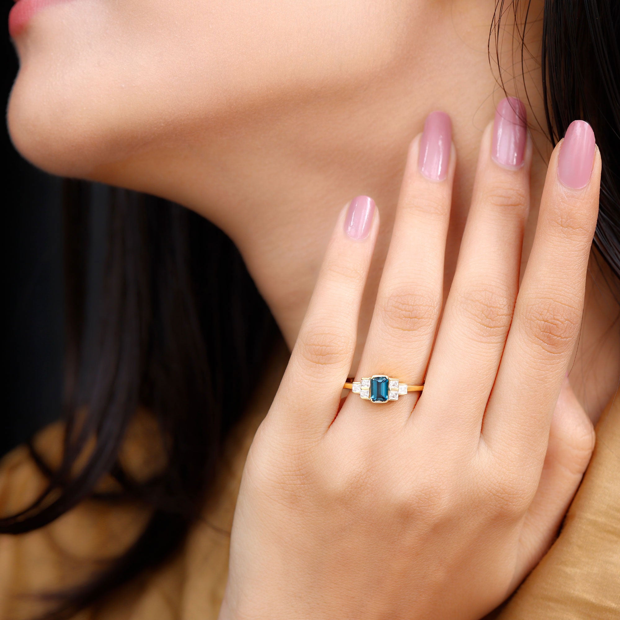 4X6mm Emerald Cut London Blue Topaz Statement Ring with Diamond AAA - Rosec Jewels