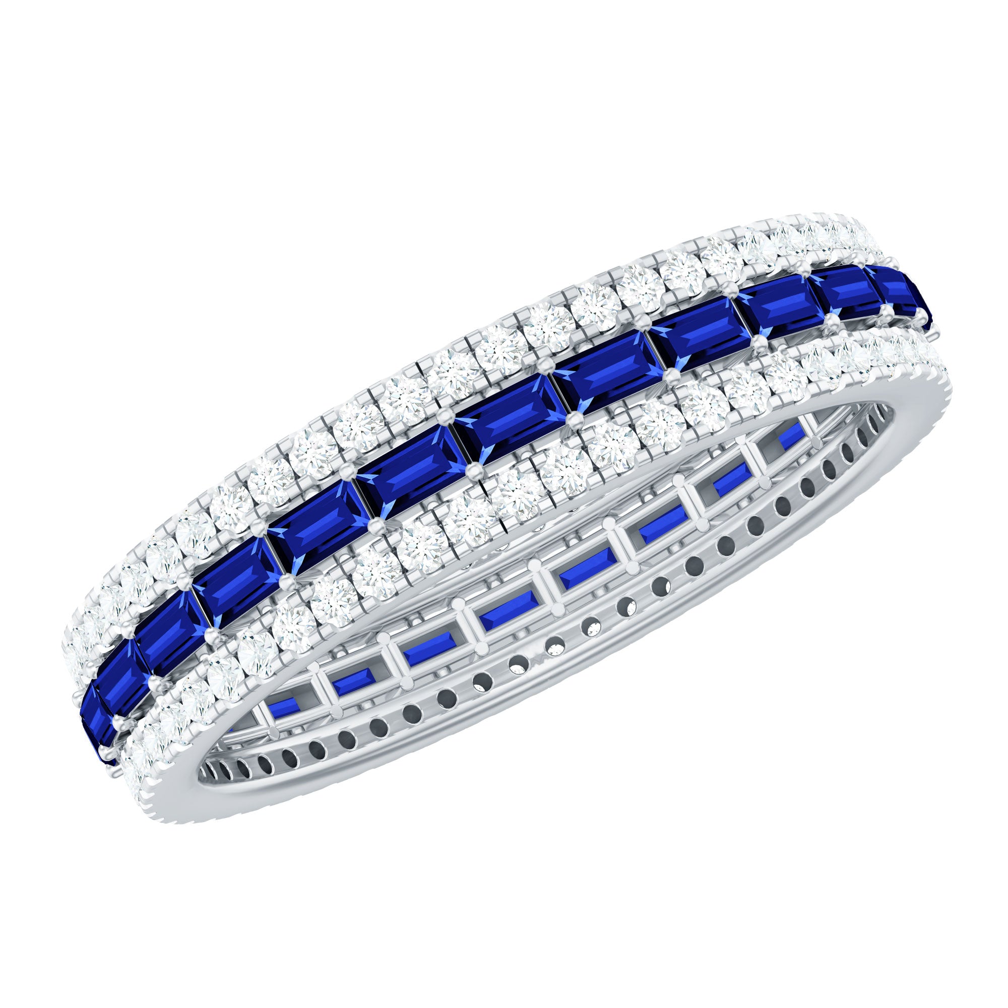 Lab Grown Blue Sapphire Eternity Wedding Band With Natural Diamond