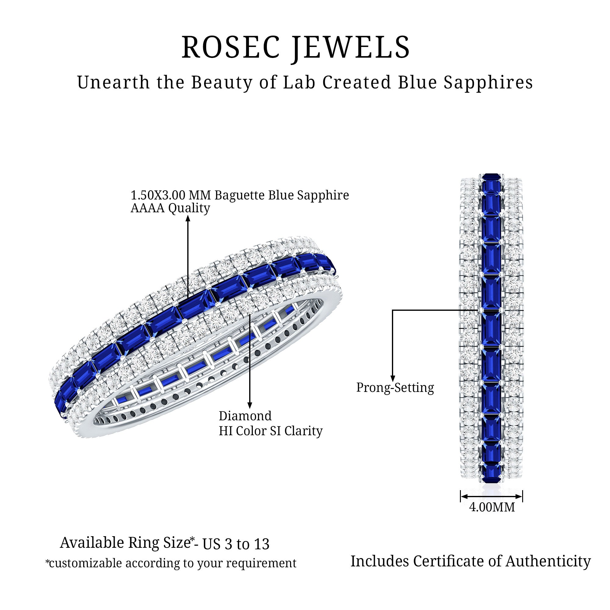 Lab Grown Blue Sapphire Eternity Wedding Band With Natural Diamond AAAA - Rosec Jewels