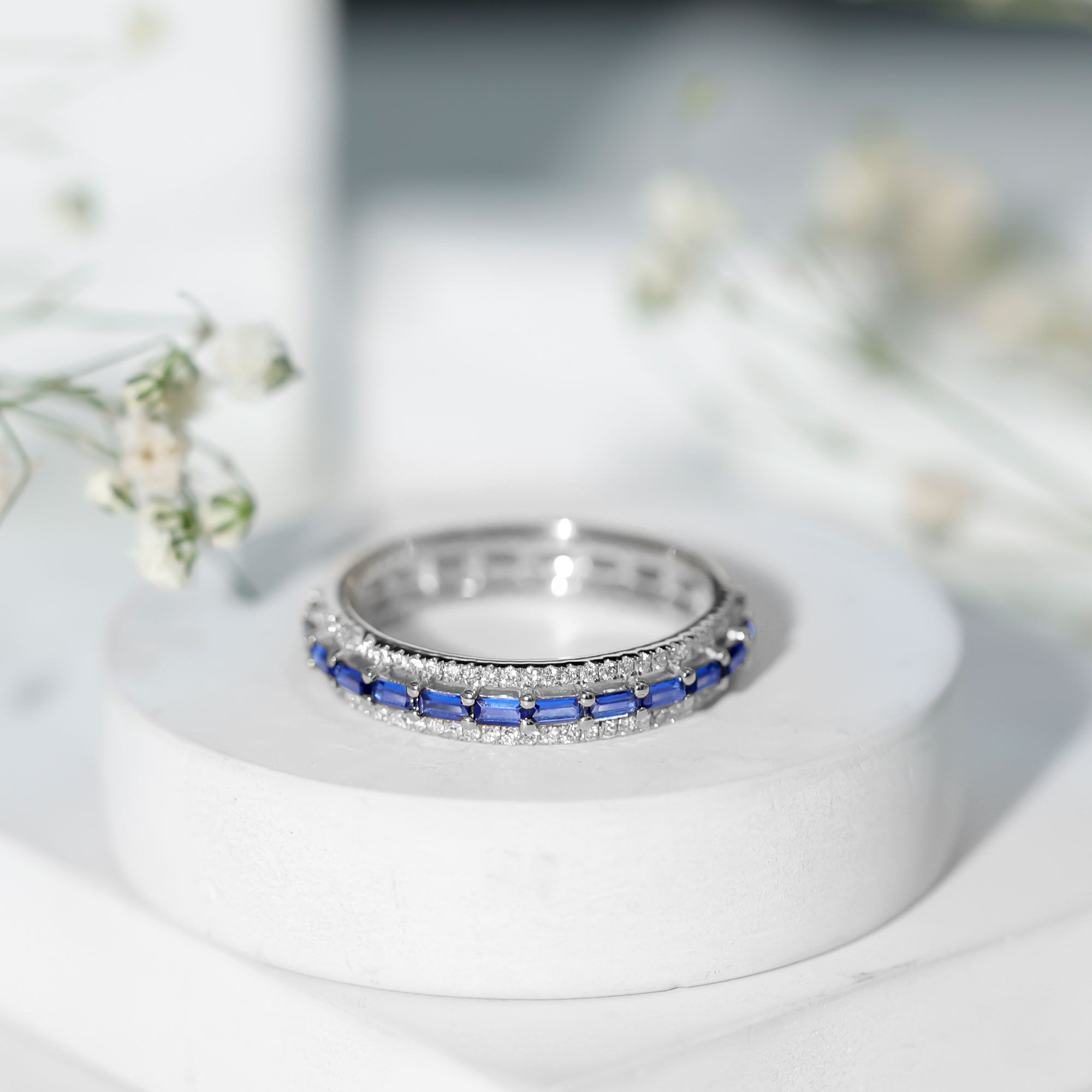 Lab Grown Blue Sapphire Eternity Wedding Band With Natural Diamond AAAA - Rosec Jewels