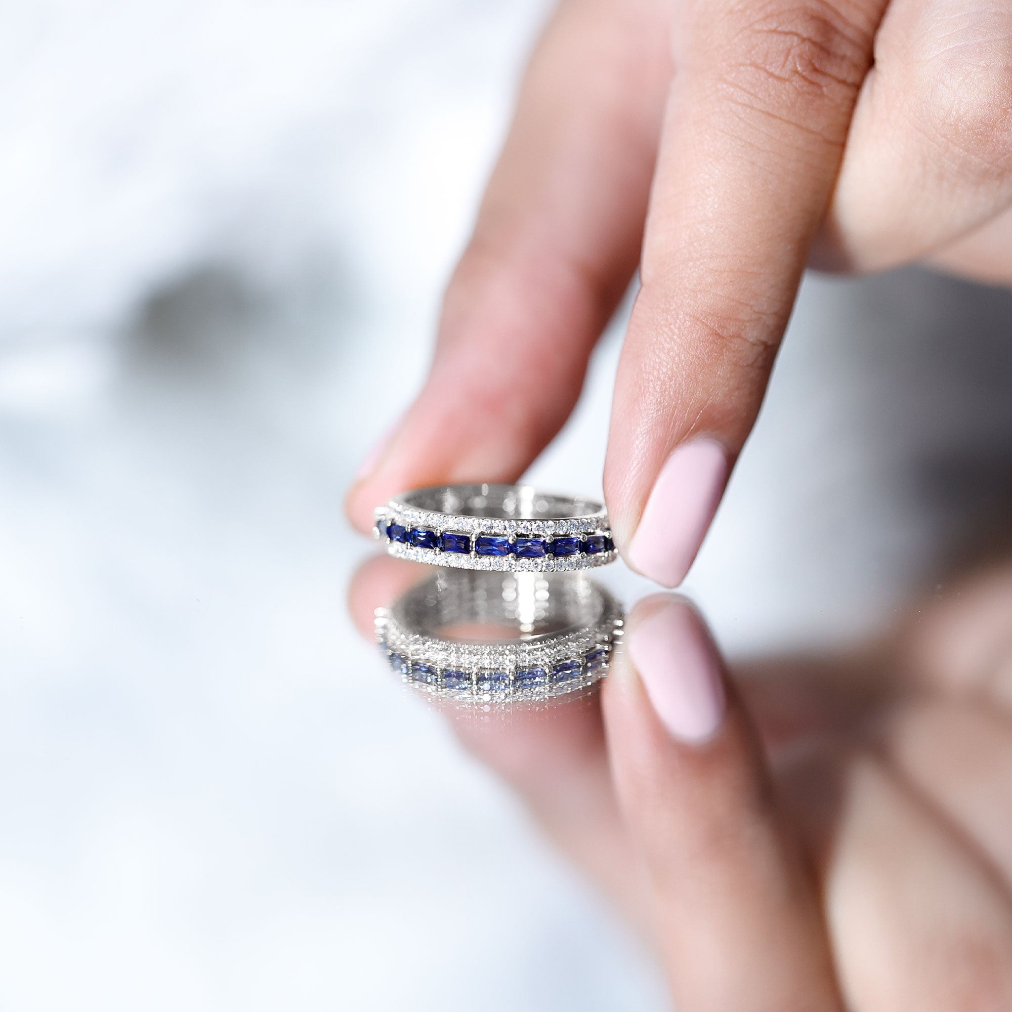 Lab Grown Blue Sapphire Eternity Wedding Band With Natural Diamond AAAA - Rosec Jewels