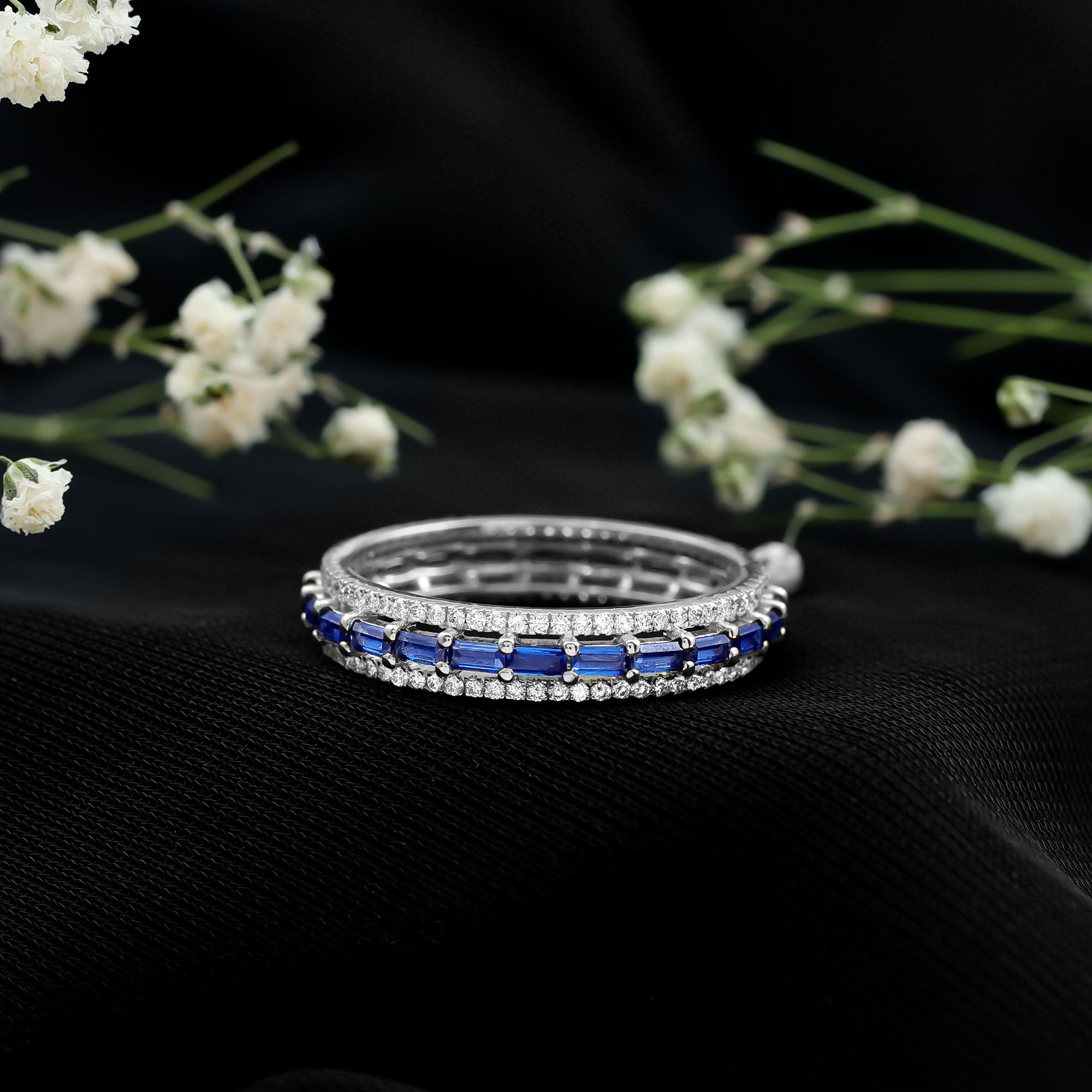Lab Grown Blue Sapphire Eternity Wedding Band With Natural Diamond AAAA - Rosec Jewels
