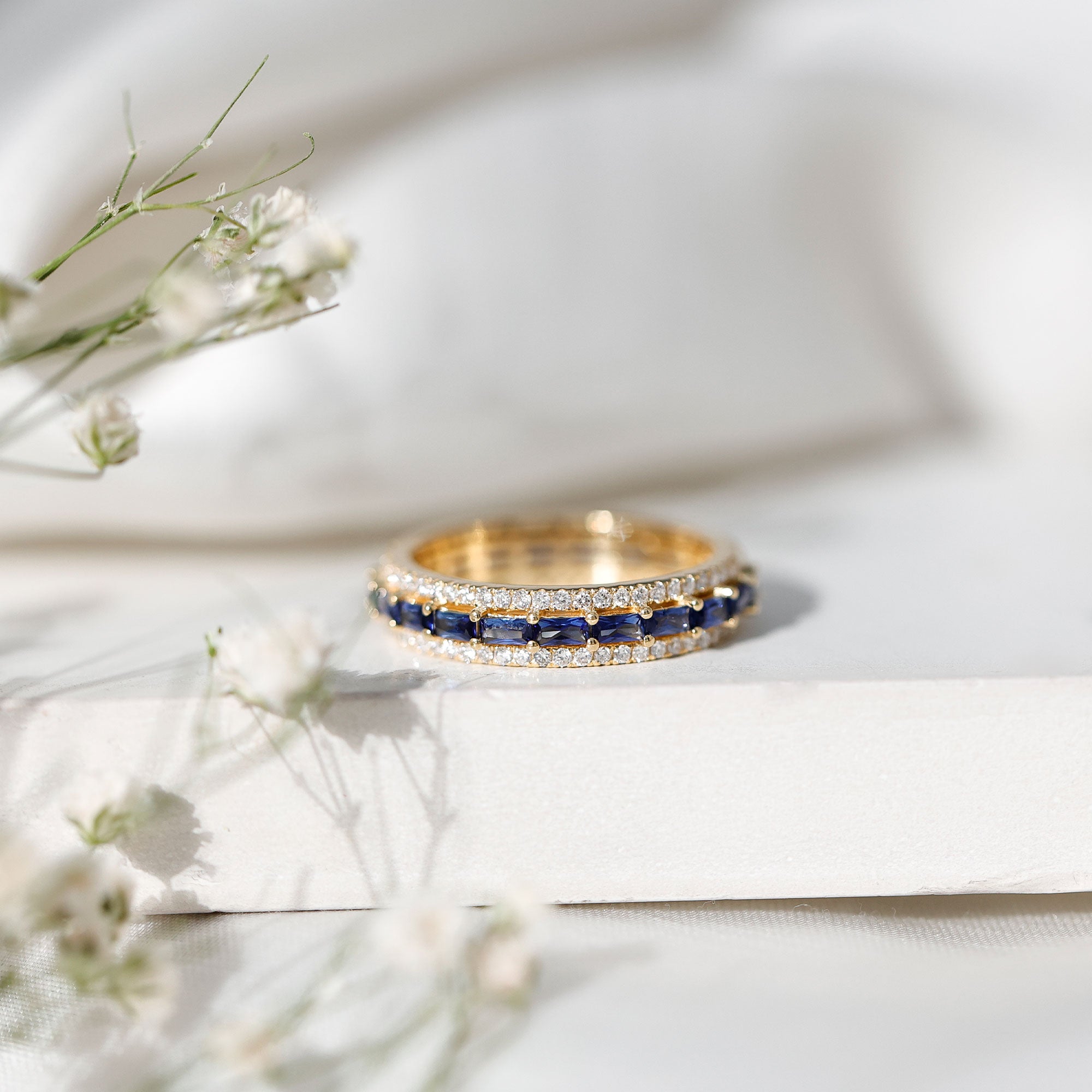 Lab Grown Blue Sapphire Eternity Wedding Band With Natural Diamond AAAA - Rosec Jewels