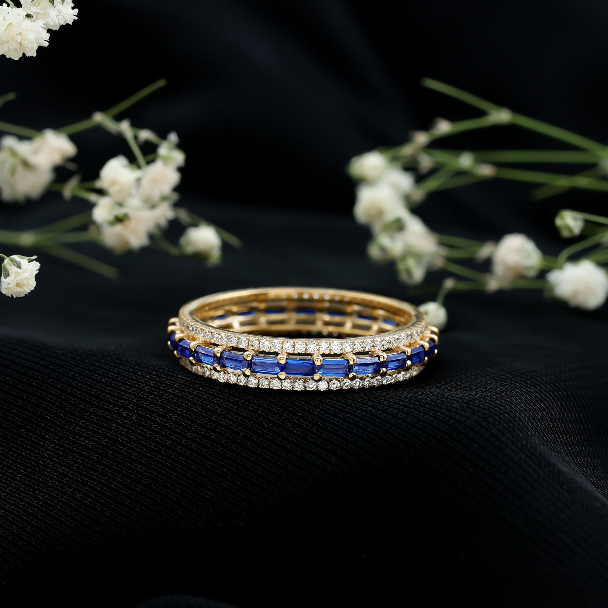 Lab Grown Blue Sapphire Eternity Wedding Band With Natural Diamond AAAA - Rosec Jewels