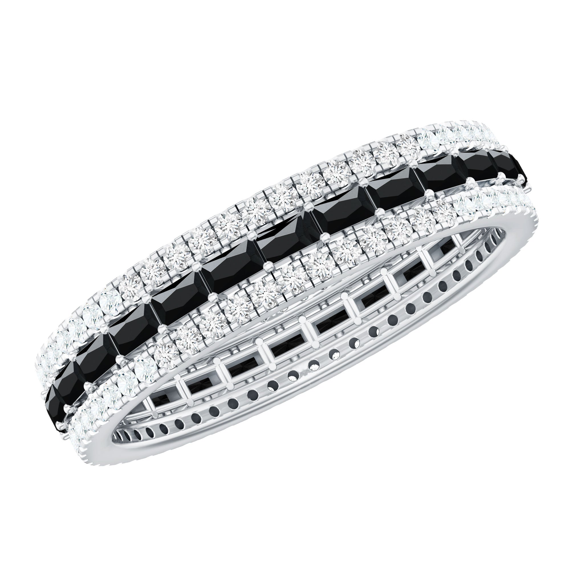 Certified Lab Grown Black Diamond 3 Row Wedding Band with Moissanite AAAA ( Synthetic ) - Rosec Jewels