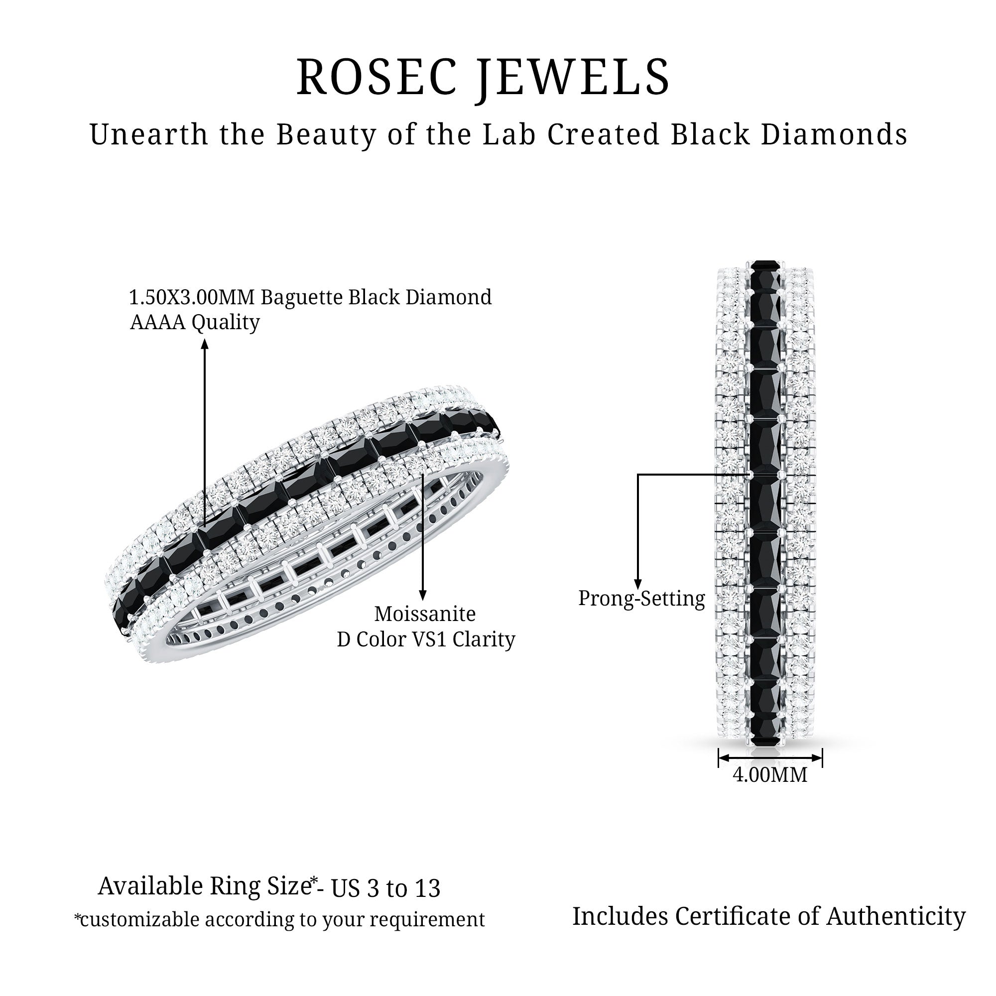 Certified Lab Grown Black Diamond 3 Row Wedding Band with Moissanite AAAA ( Synthetic ) - Rosec Jewels