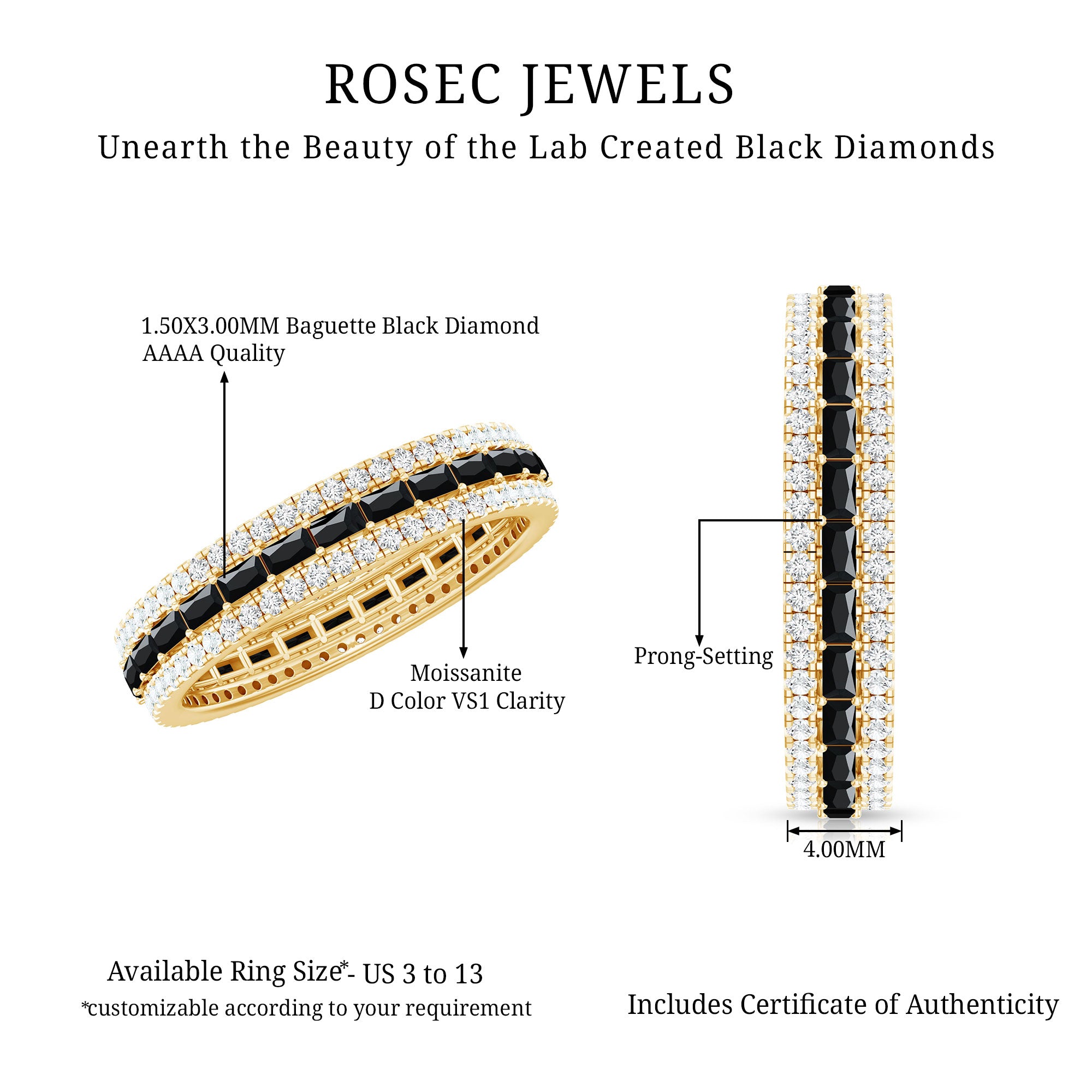 Certified Lab Grown Black Diamond 3 Row Wedding Band with Moissanite AAAA ( Synthetic ) - Rosec Jewels