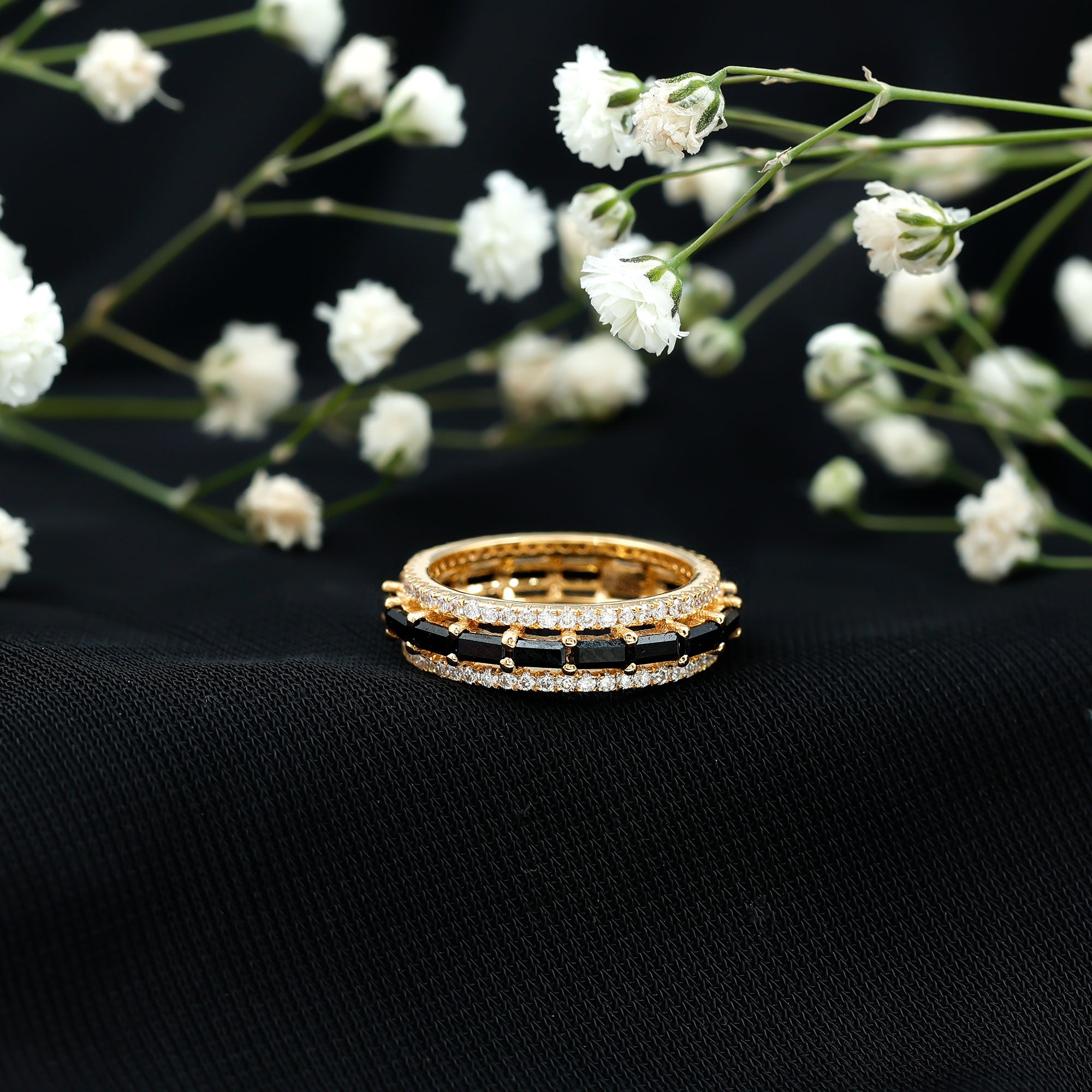 Certified Lab Grown Black Diamond 3 Row Wedding Band with Moissanite AAAA ( Synthetic ) - Rosec Jewels
