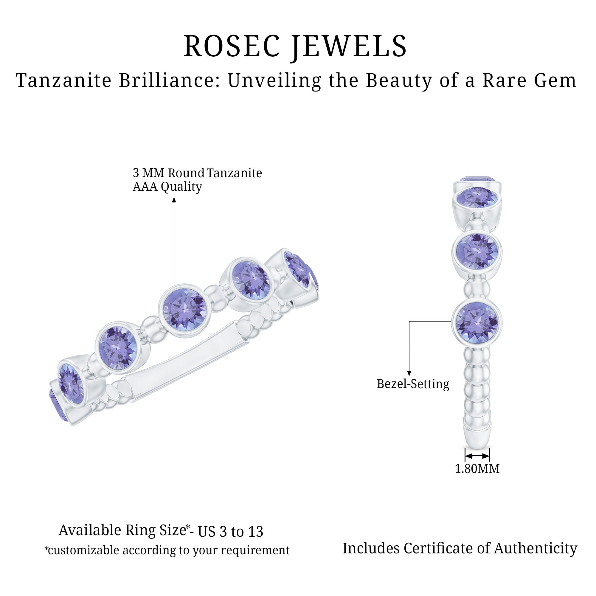 Natural Tanzanite Half Eternity Ring in Bezel Setting AAA - Rosec Jewels