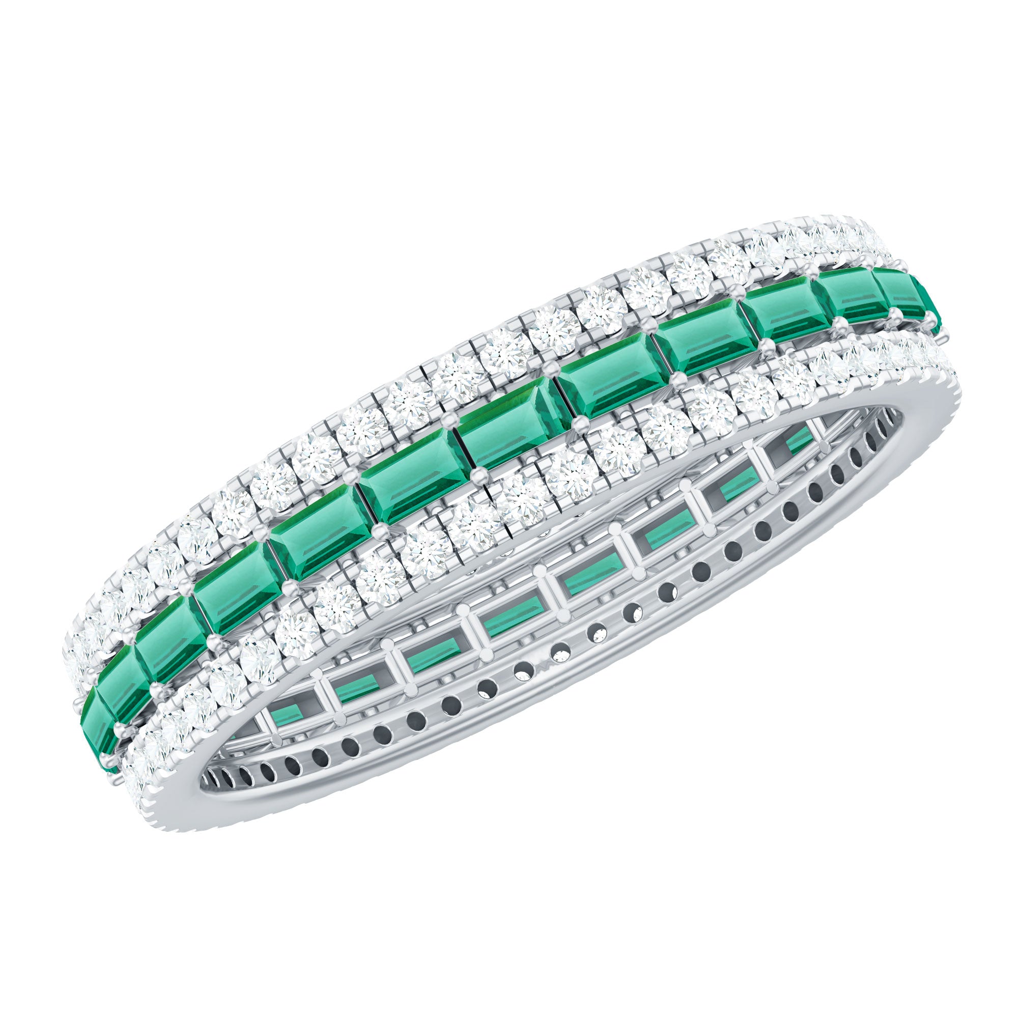 Baguette Cut Lab Grown Emerald and Moissanite Wedding Band