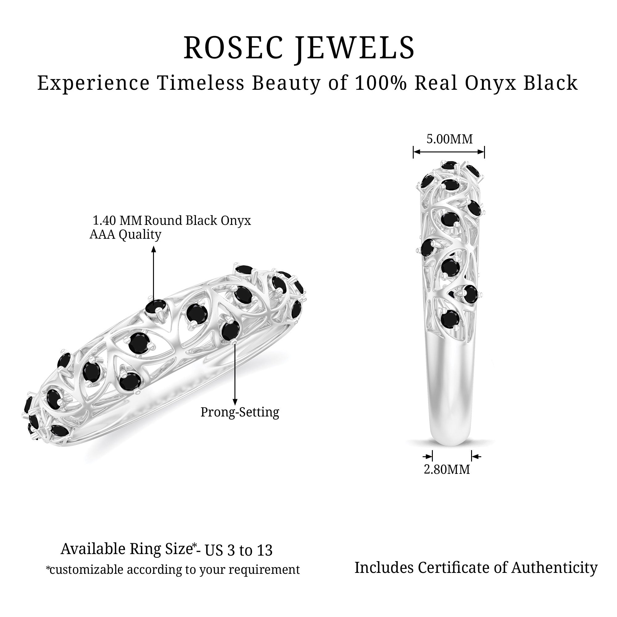 Rosec Jewels-Round Cut Certified Black Onyx Filigree Wedding Band
