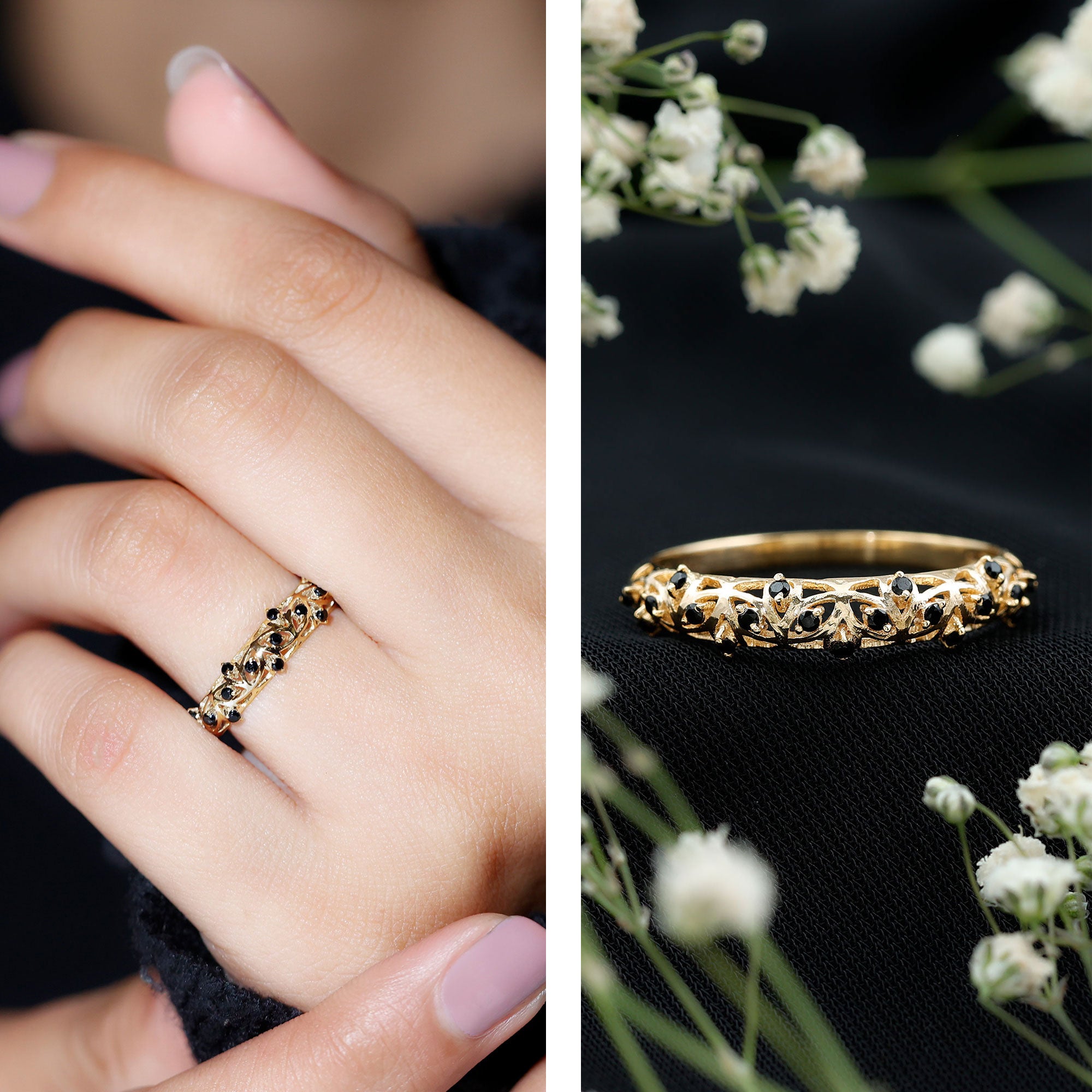 Rosec Jewels-Round Cut Certified Black Onyx Filigree Wedding Band