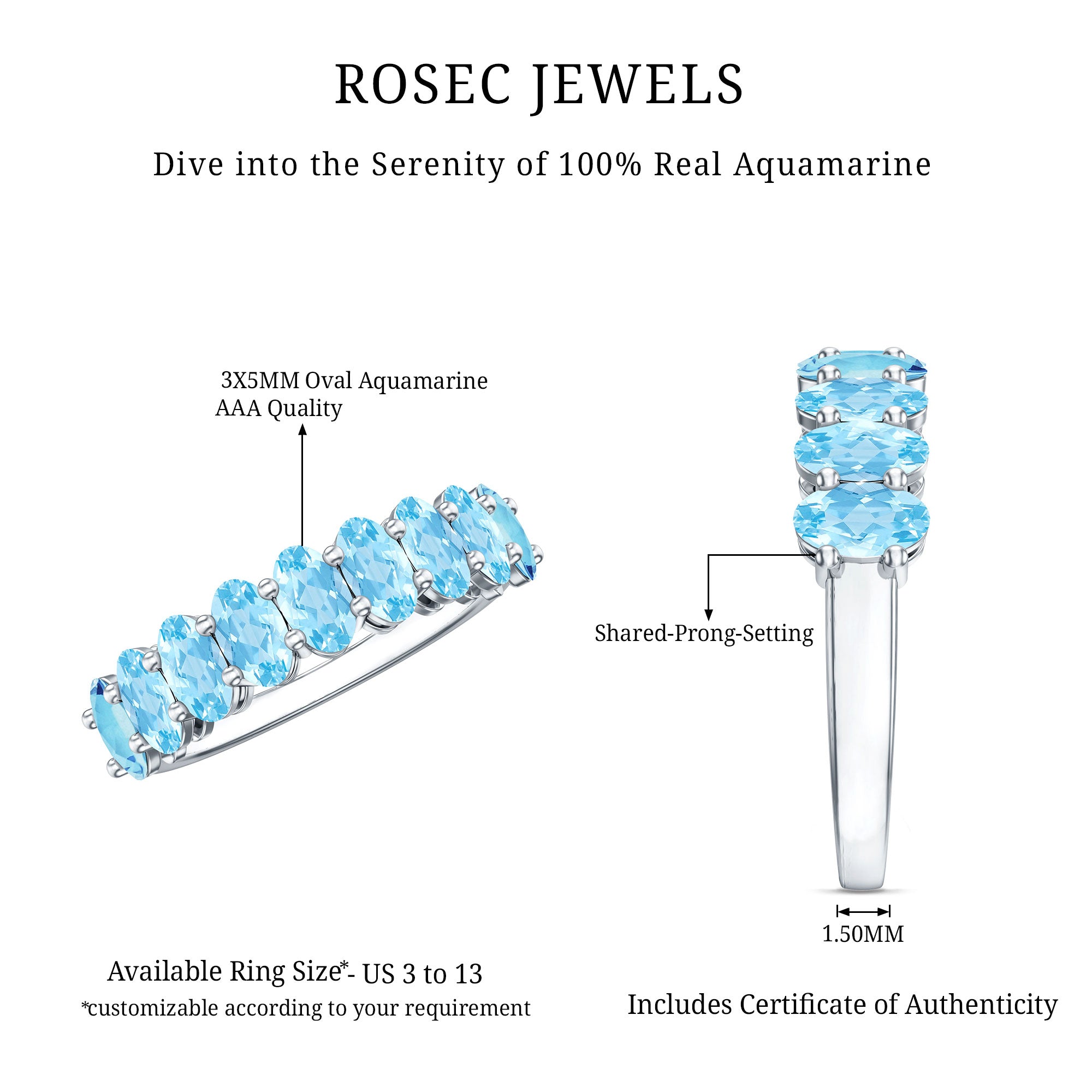 Rosec Jewels-Genuine Oval Cut Aquamarine Half Eternity Ring for Women