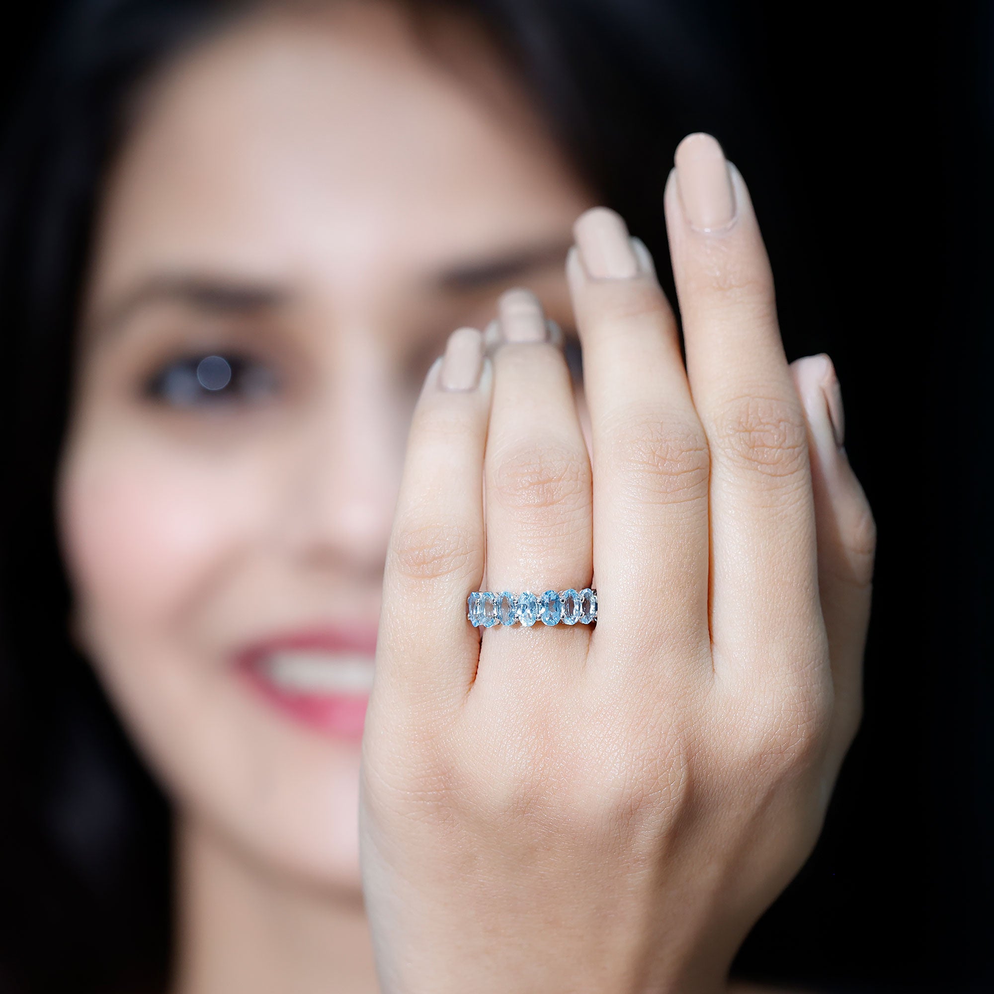 Rosec Jewels-Genuine Oval Cut Aquamarine Half Eternity Ring for Women