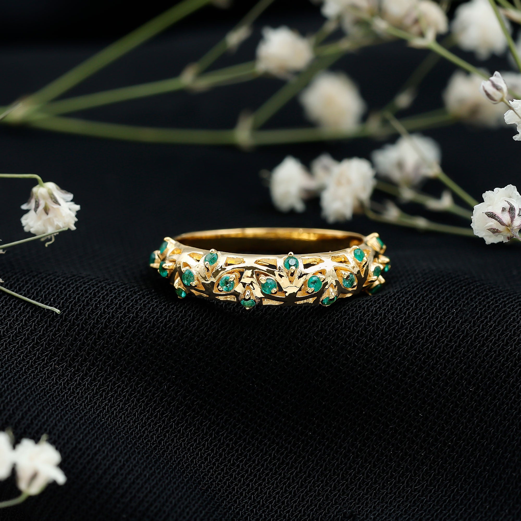 Rosec Jewels-Natural Emerald Filigree Wedding Band for Women