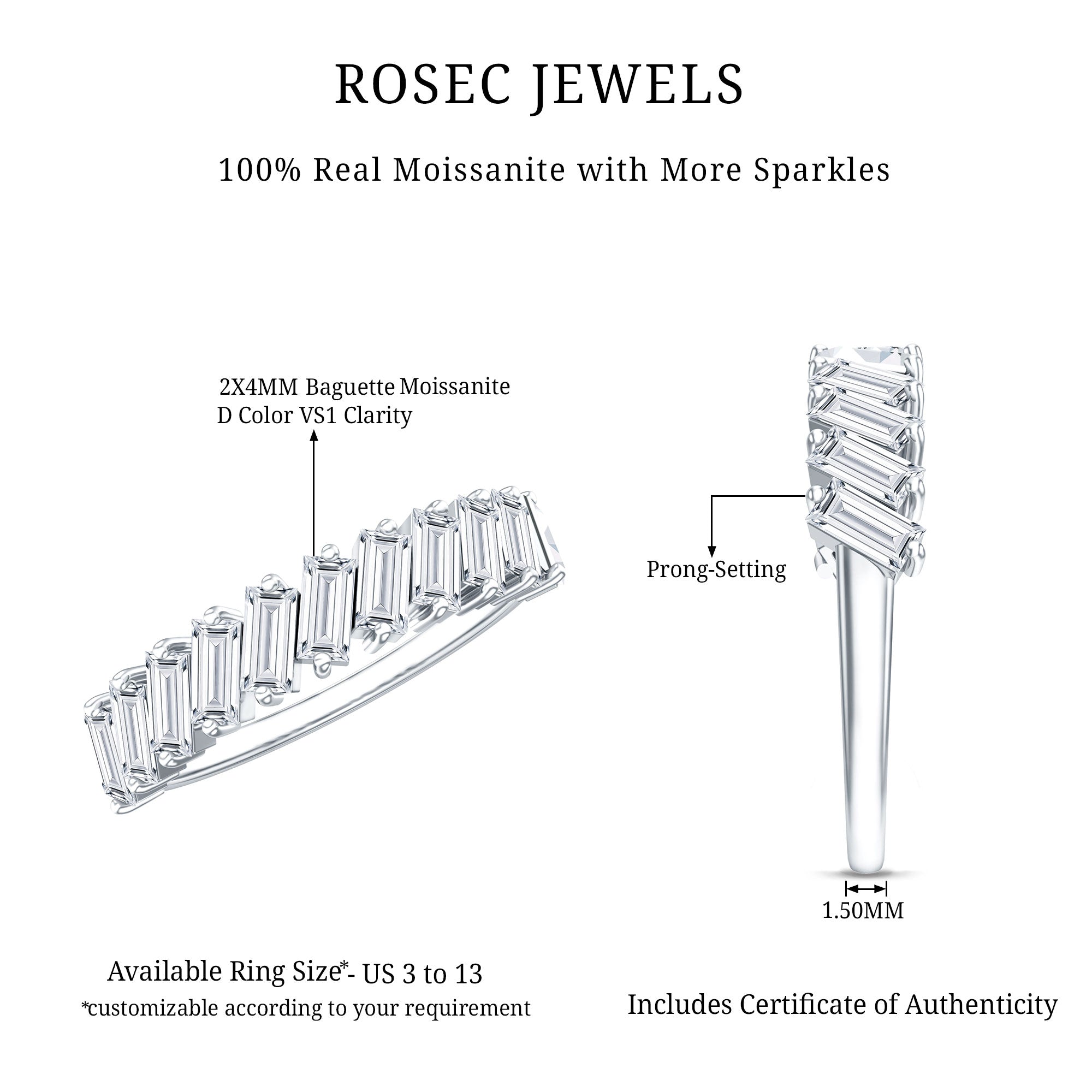 Certified Moissanite Baguette Cut Half Eternity Ring D-VS1 - Rosec Jewels