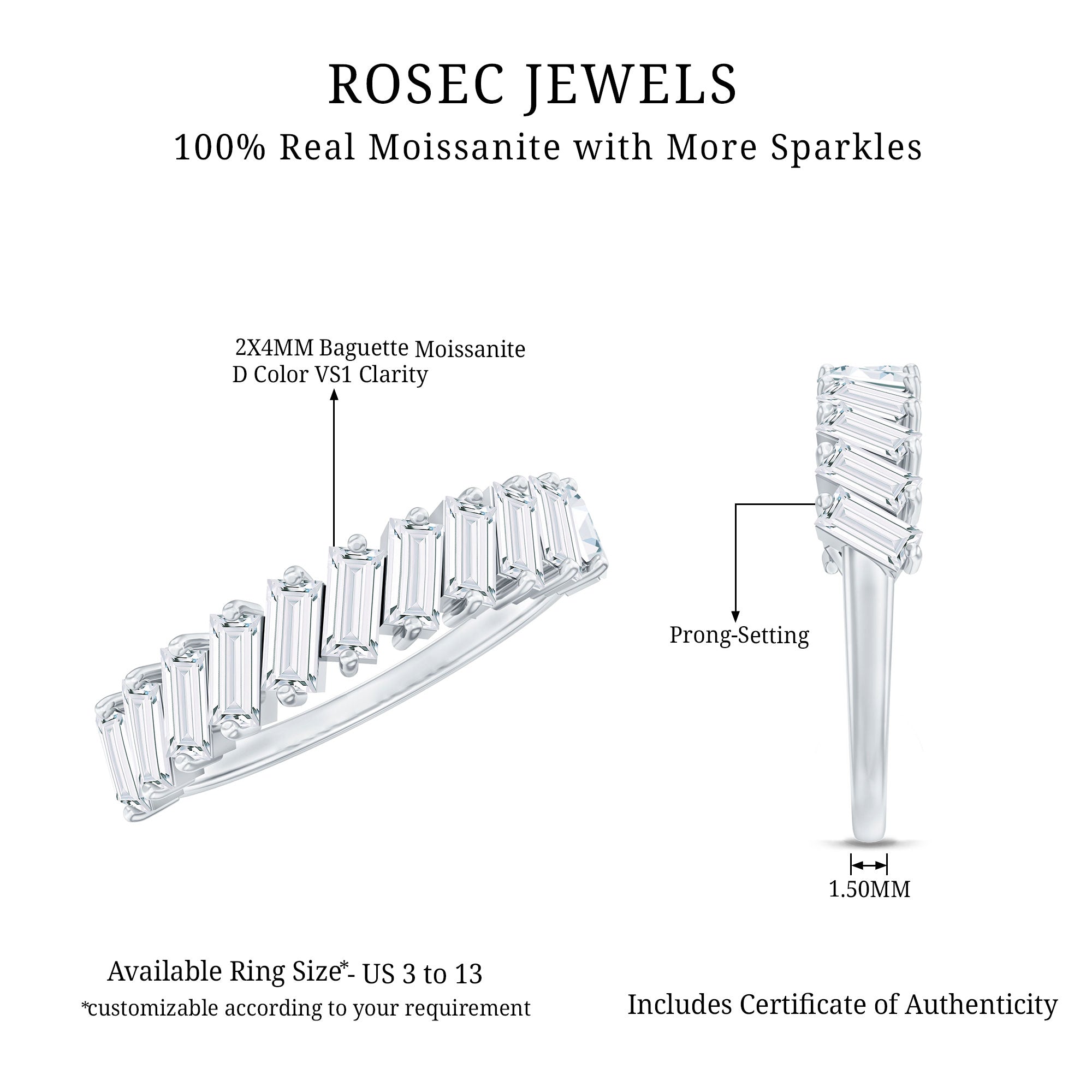 Certified Moissanite Baguette Cut Half Eternity Ring D-VS1 - Rosec Jewels