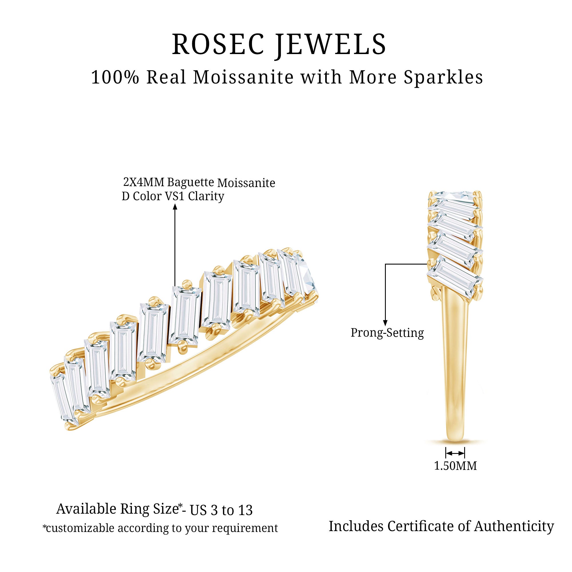 Certified Moissanite Baguette Cut Half Eternity Ring D-VS1 - Rosec Jewels