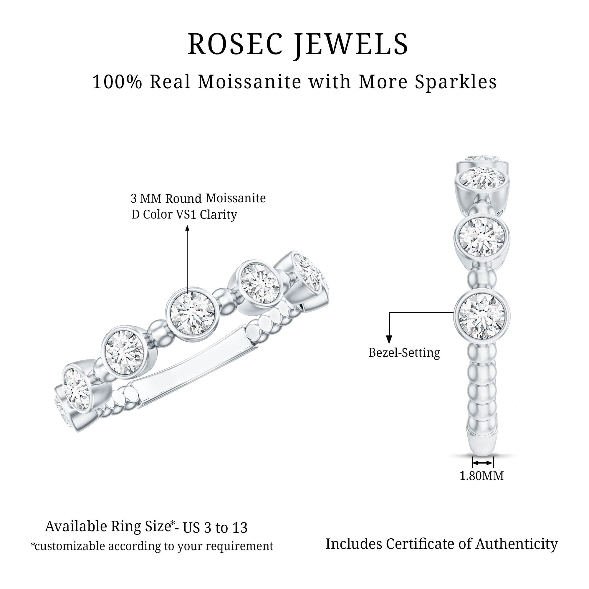 Bezel Set Moissanite Stackable Anniversary Band Ring D-VS1 - Rosec Jewels