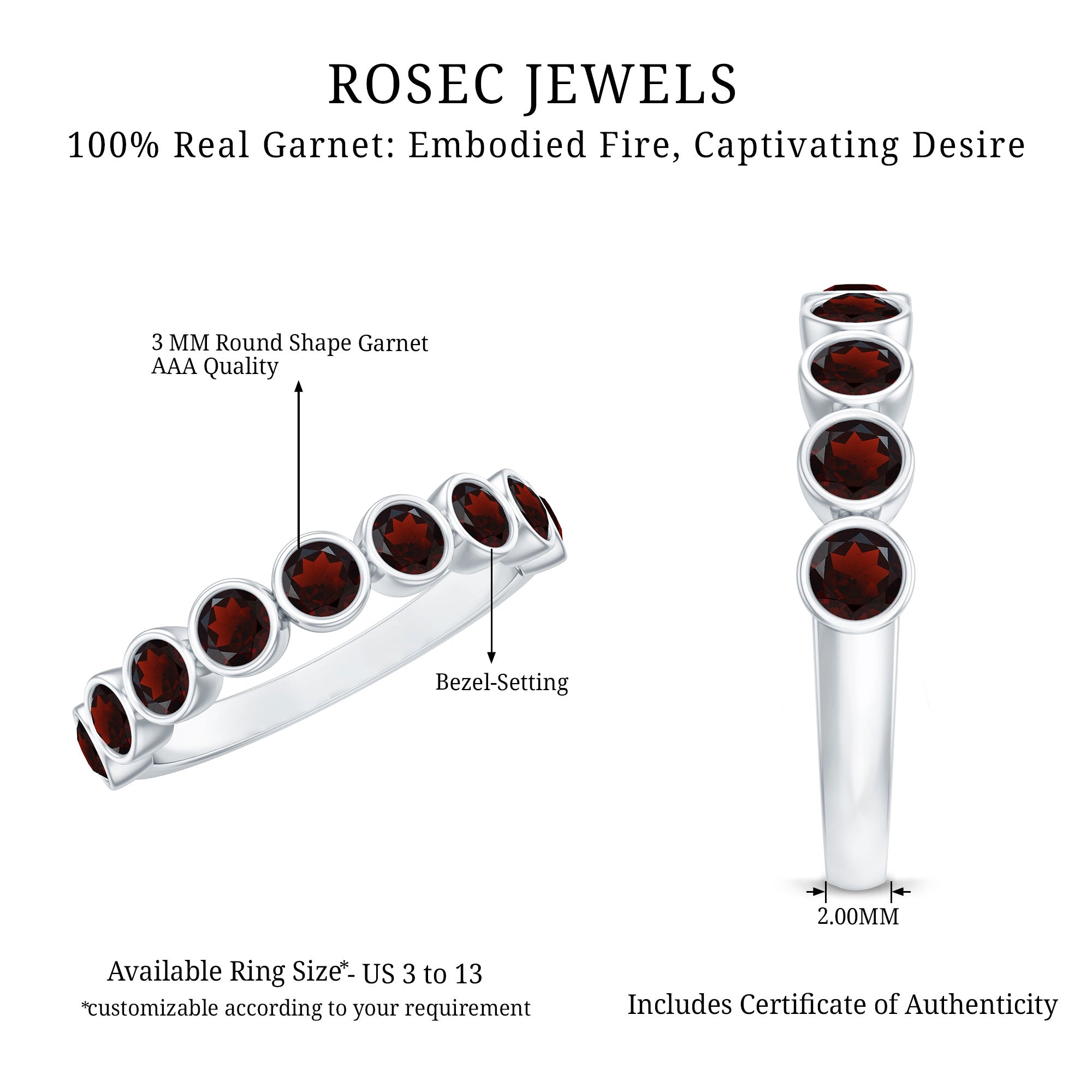 Certified Real Garnet Half Eternity Ring in Bezel Setting AAA - Rosec Jewels