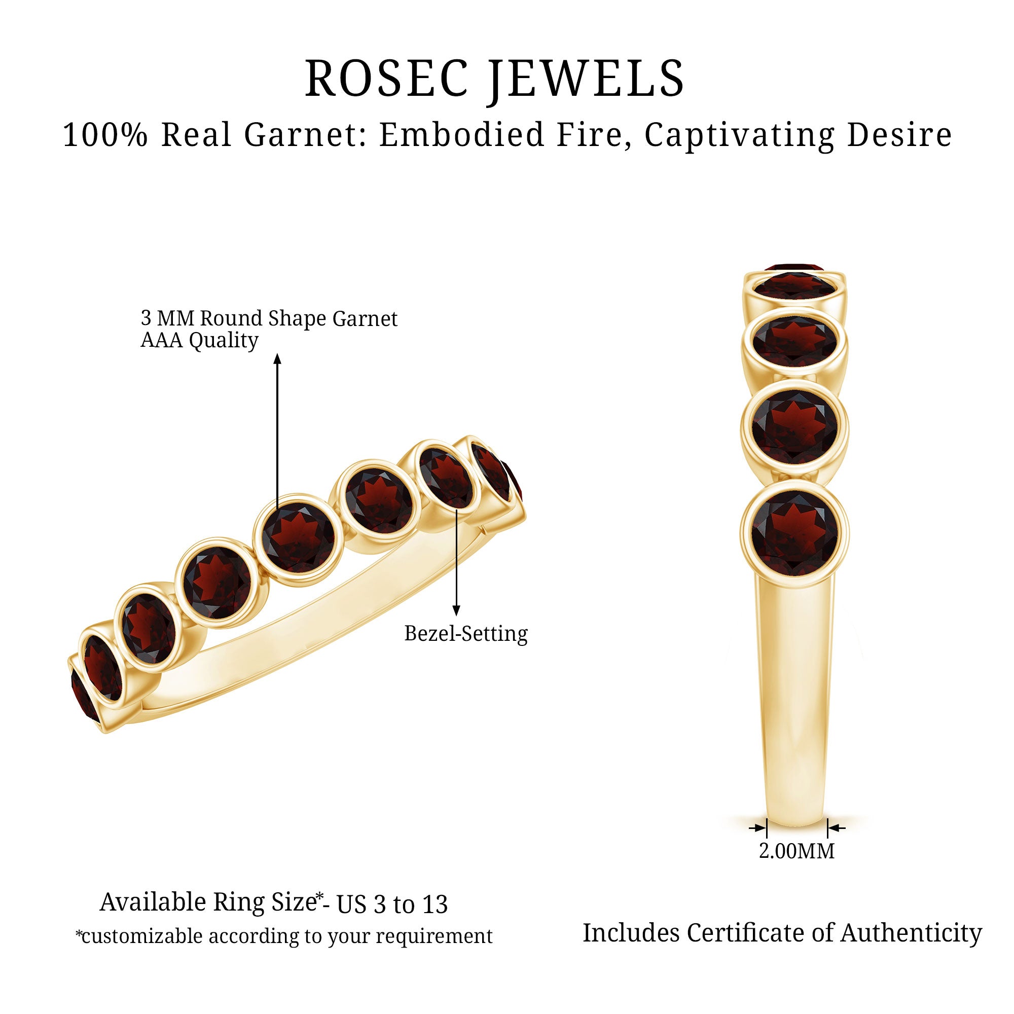 Certified Real Garnet Half Eternity Ring in Bezel Setting AAA - Rosec Jewels