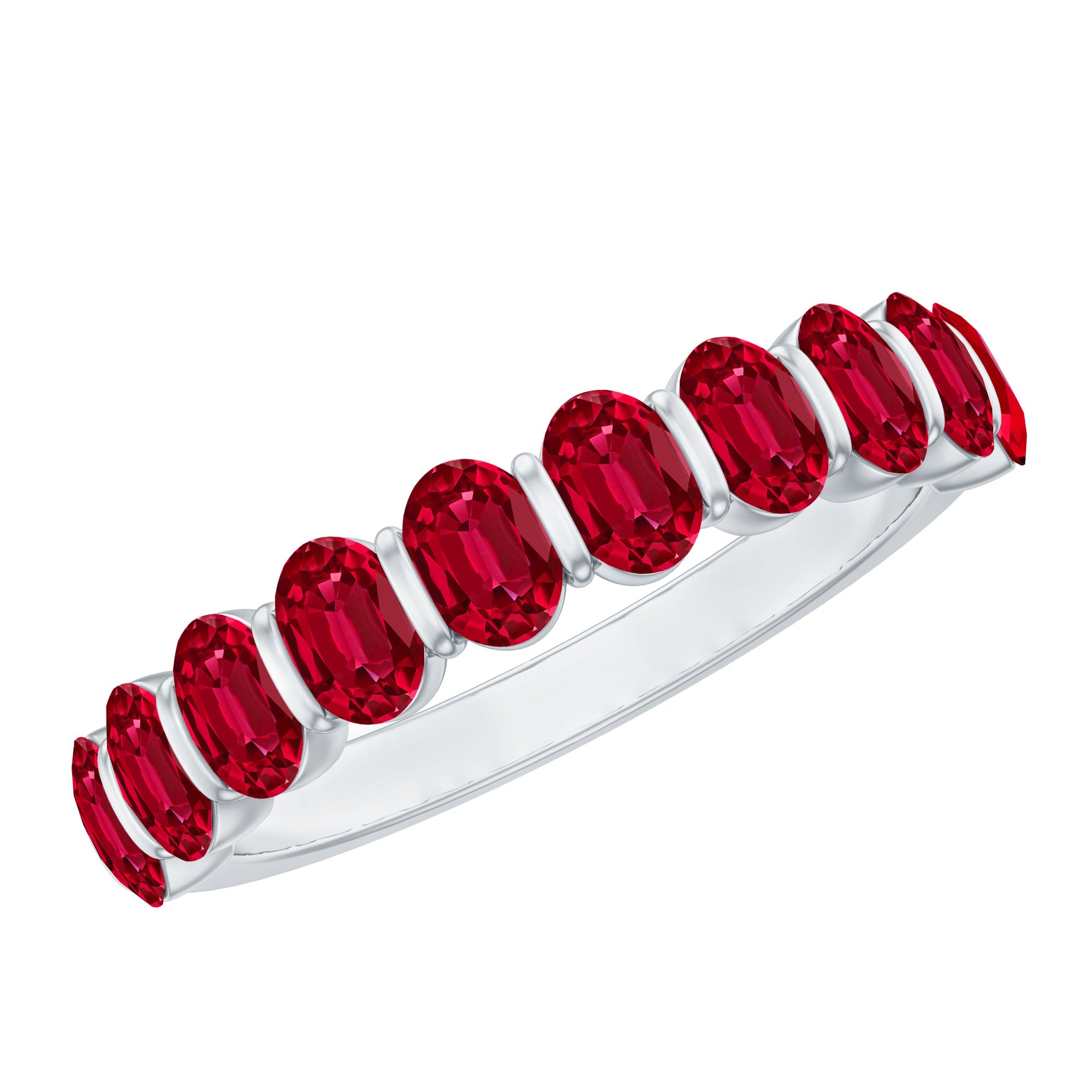 Oval Cut Created Ruby Half Eternity Ring in Bar Setting