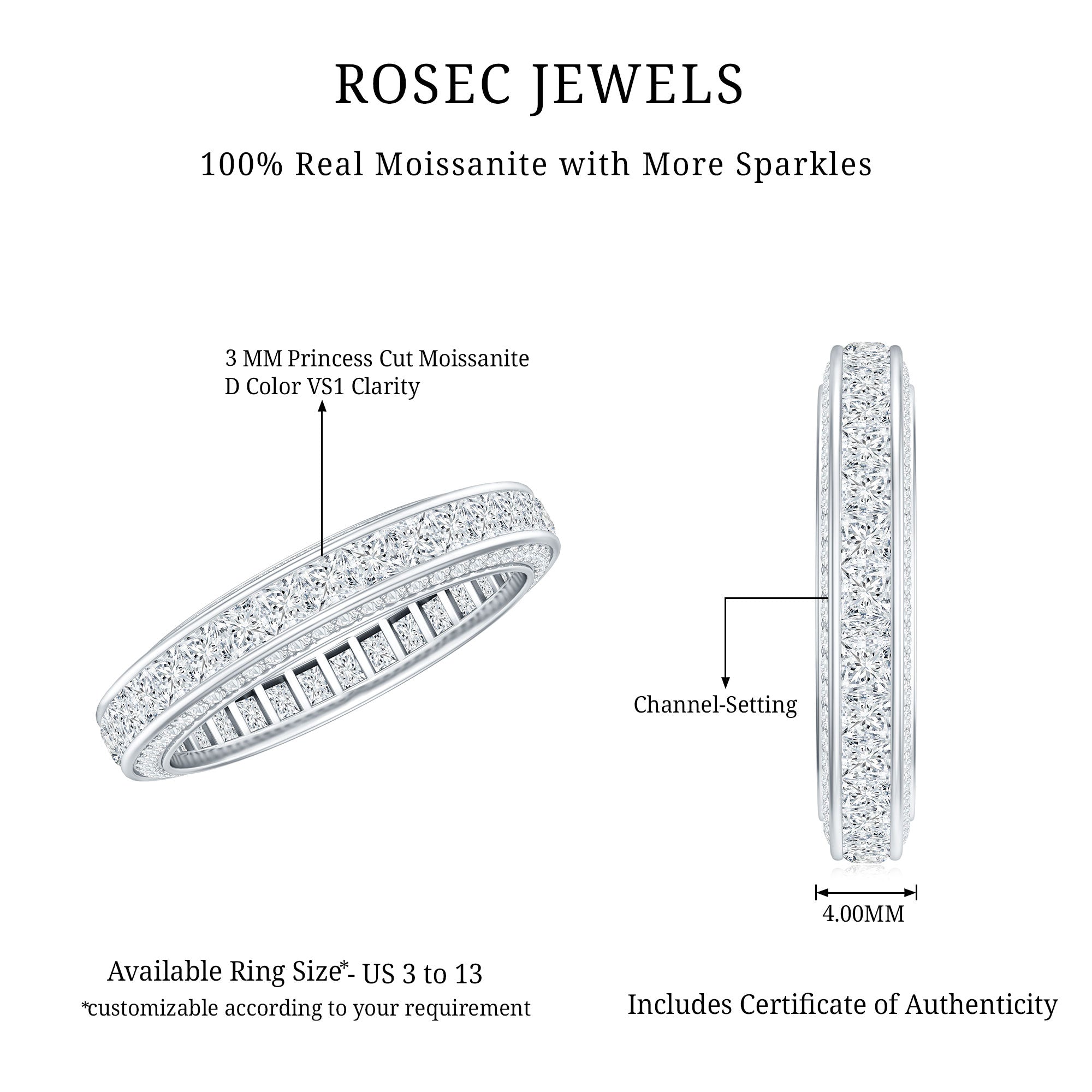 Channel Set Moissanite Princess Cut Wedding Band D-VS1 - Rosec Jewels