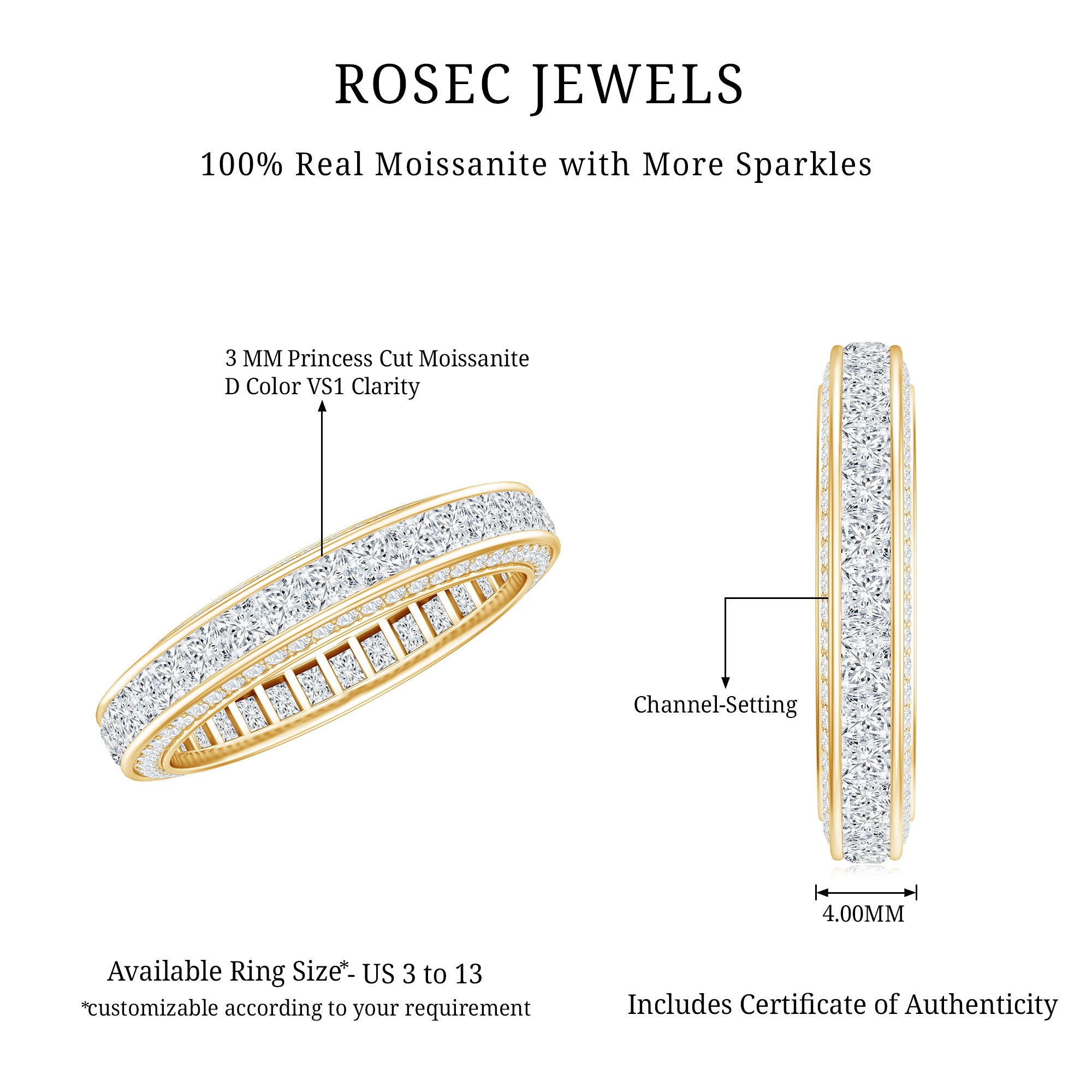 Channel Set Moissanite Princess Cut Wedding Band D-VS1 - Rosec Jewels