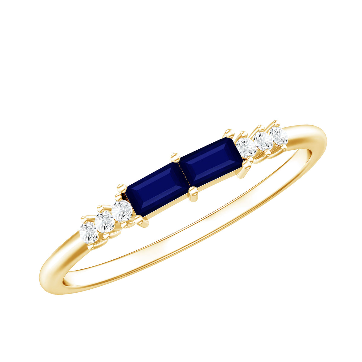 Natural Baguette Shape Blue Sapphire Promise Ring with Diamond AAA - Rosec Jewels