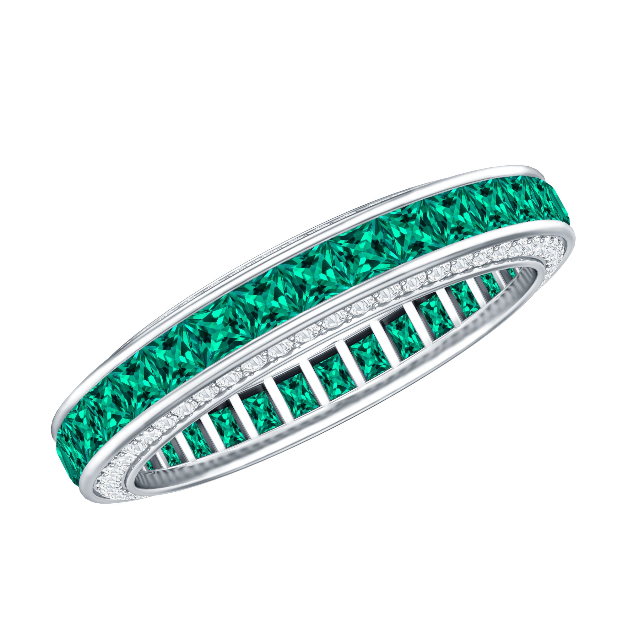Certified Princess Cut Lab Grown Emerald Eternity Wedding Band in Channel Setting AAAA - Rosec Jewels