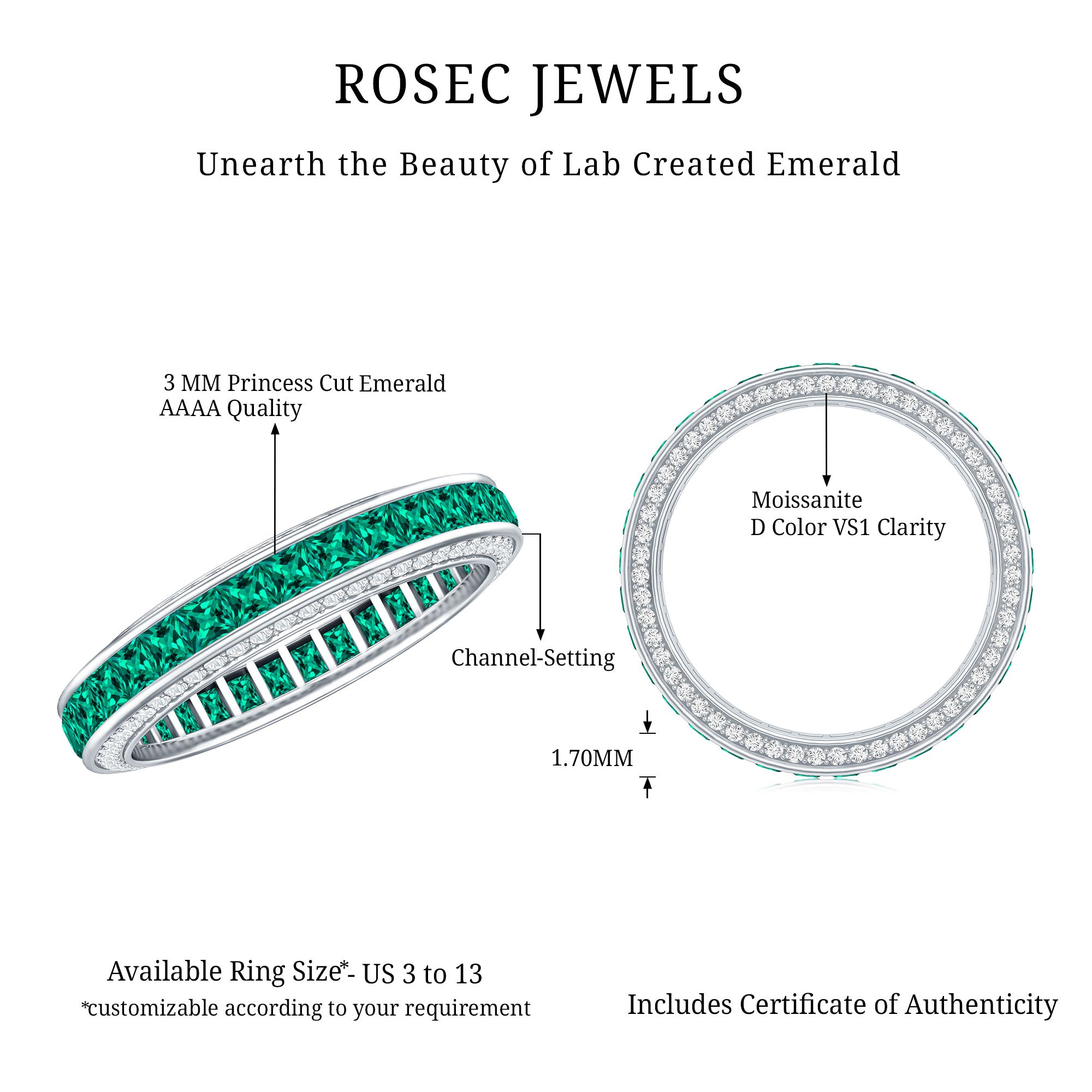 Certified Princess Cut Lab Grown Emerald Eternity Wedding Band in Channel Setting AAAA - Rosec Jewels