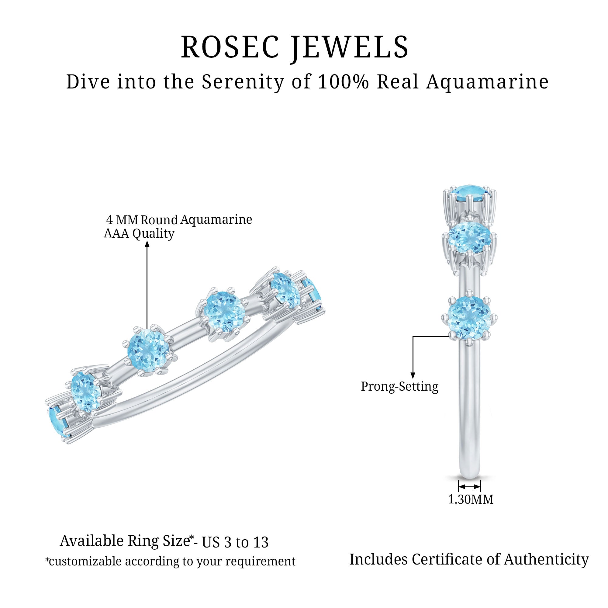 Natural Certified Aquamarine Promise Ring For Her AAA - Rosec Jewels