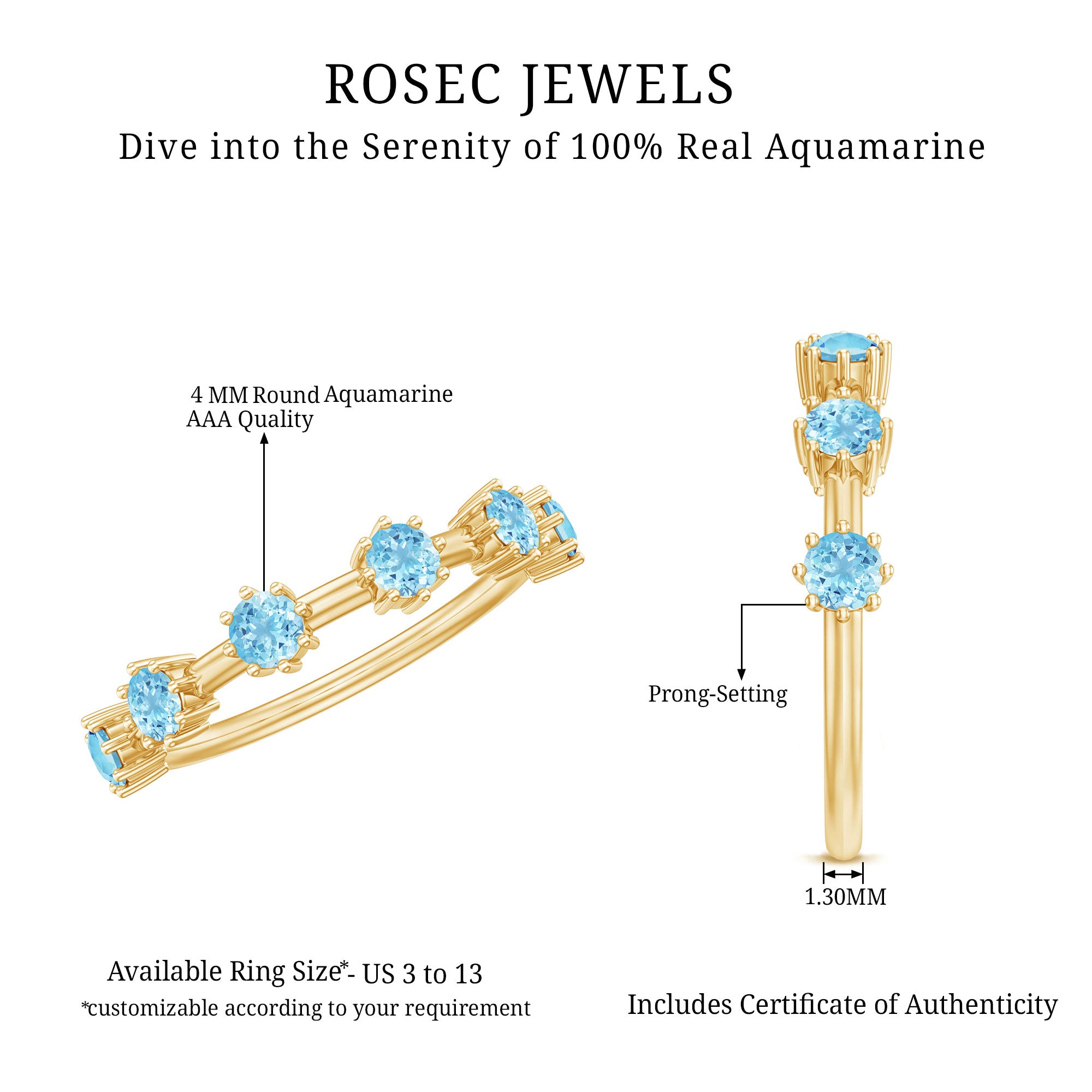 Natural Certified Aquamarine Promise Ring For Her AAA - Rosec Jewels