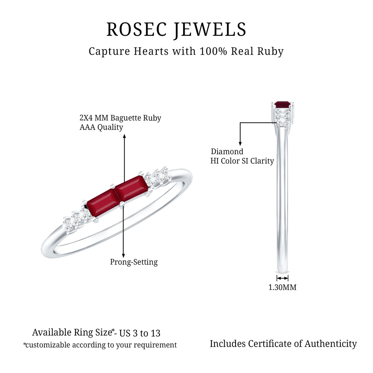 Natural Baguette Ruby 2 Stone Promise Ring with Diamond AAA - Rosec Jewels